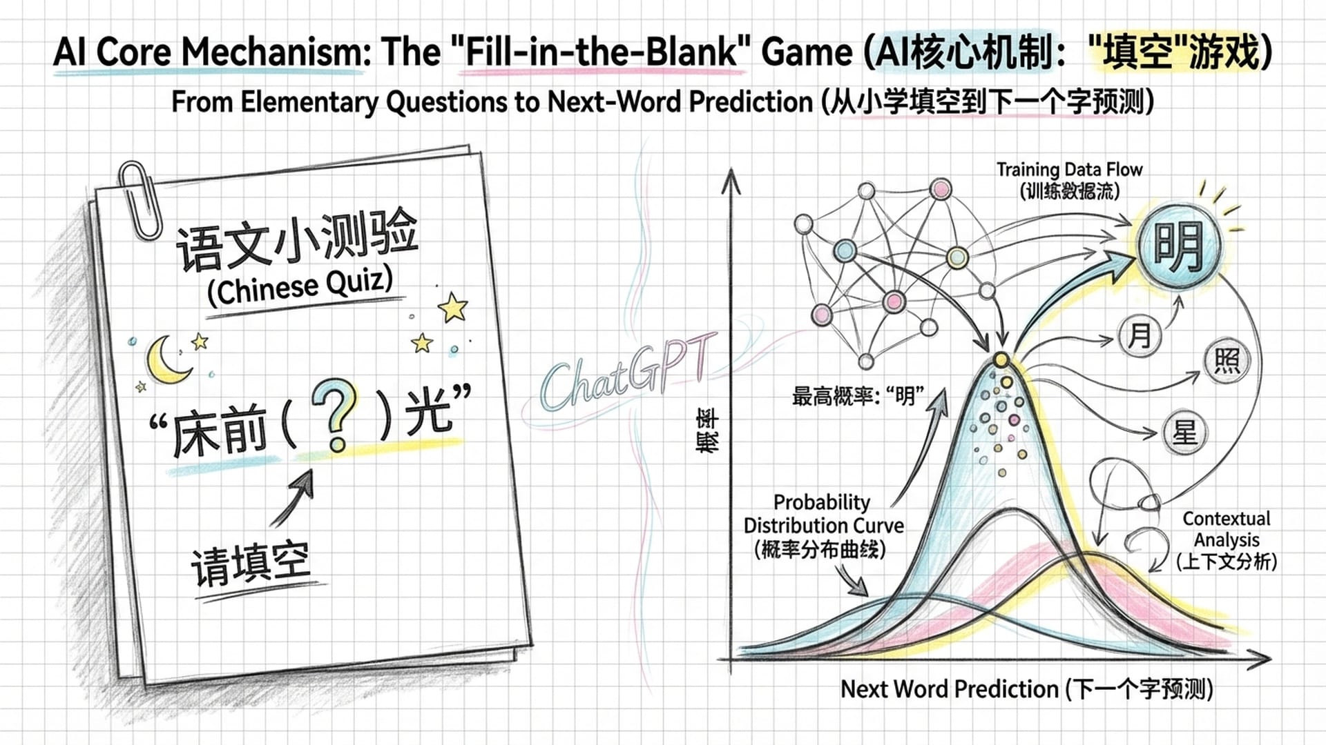 小学填空题的卷子逐渐变成复杂的代码瀑布和神经网络概率图。一个模糊的‘ChatGPT’字样在背景中。