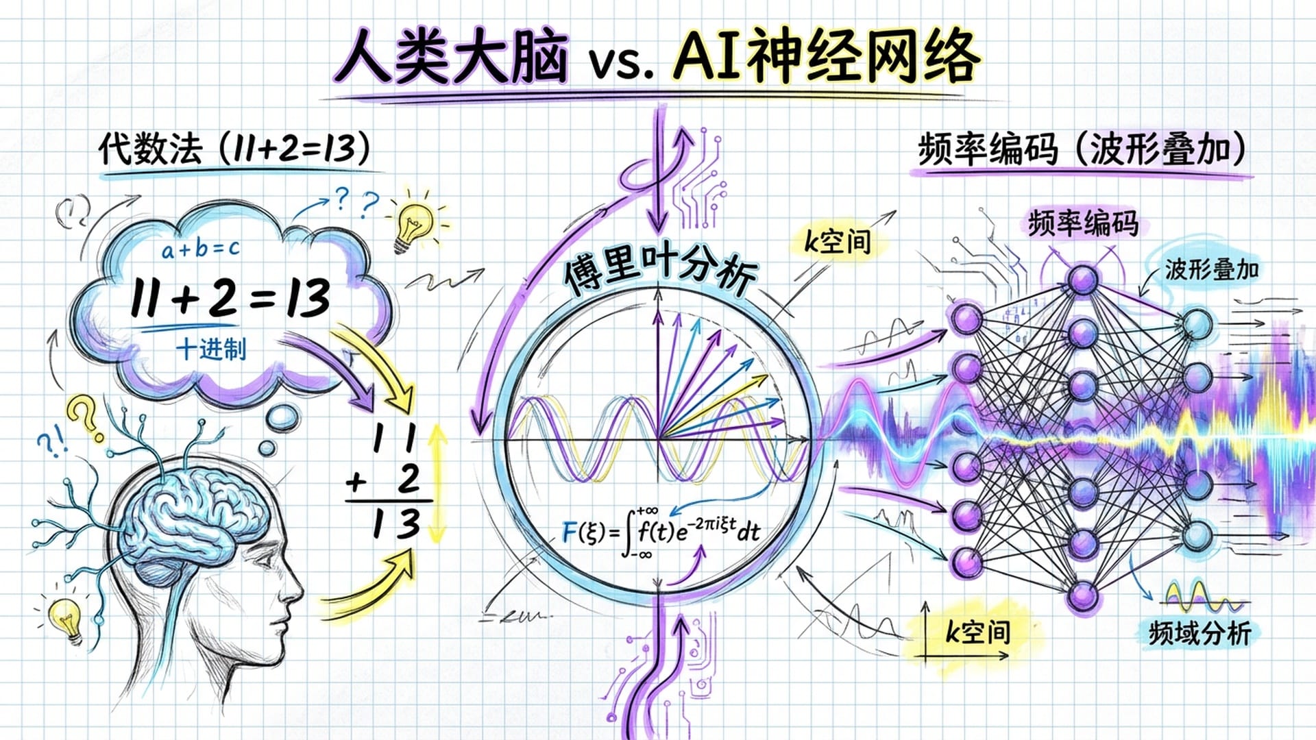 人类大脑与AI神经网络对立展示，中间连接着傅里叶分析的圆周运动图，展示数学真理的普适性。