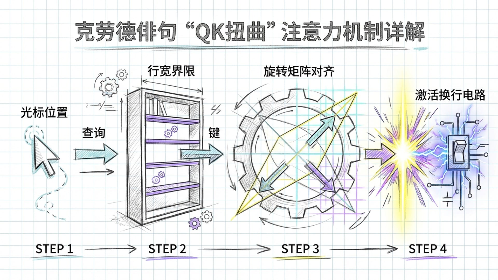 图书馆书架与几何旋转矩阵，Query（查询）和Key（键）在旋转后完美重合，激发出耀眼的信号光柱。