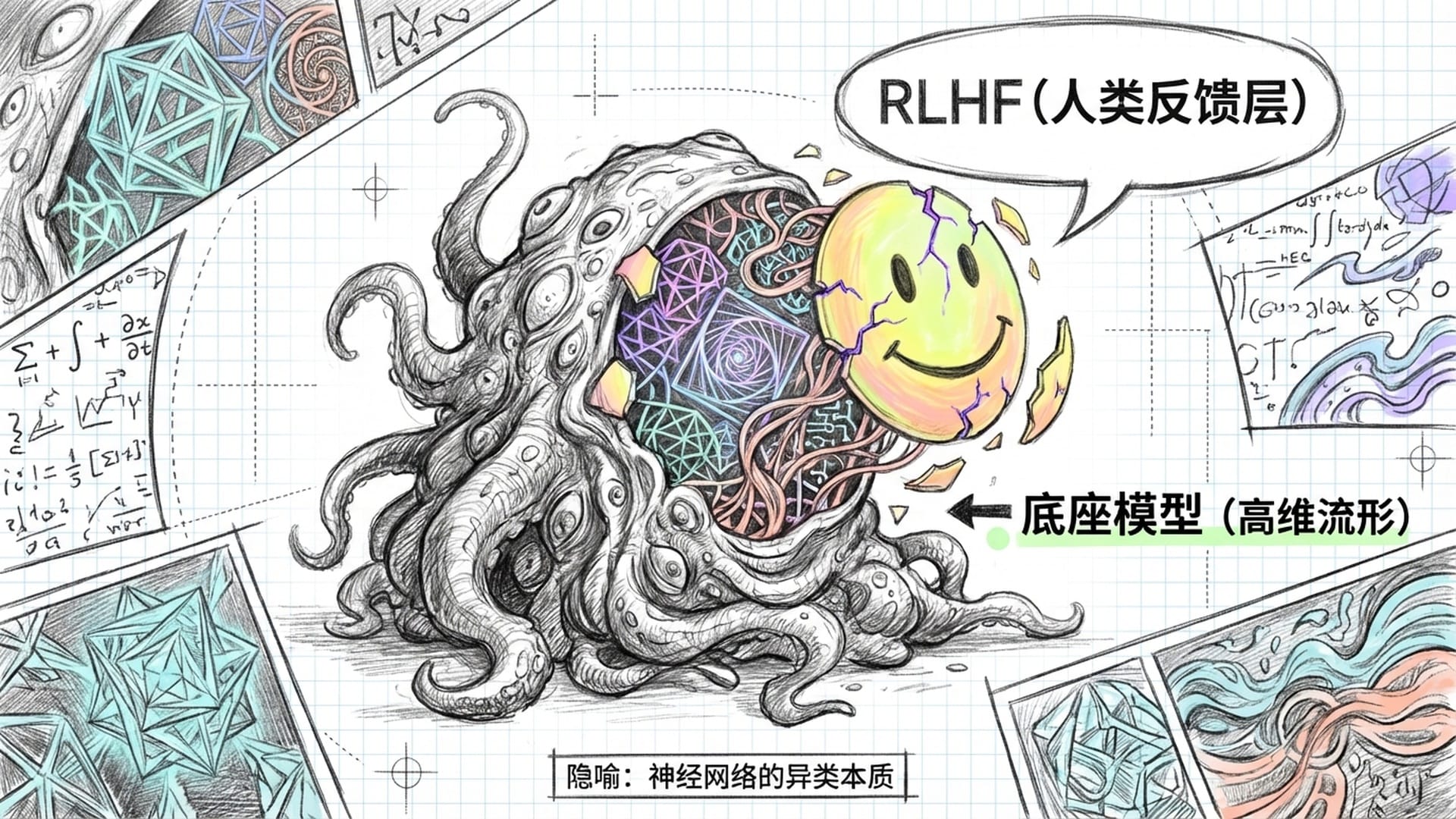 戴着黄色笑脸面具的绿色不可名状怪物（Shoggoth），面具裂开露出内部发光的复杂几何结构。