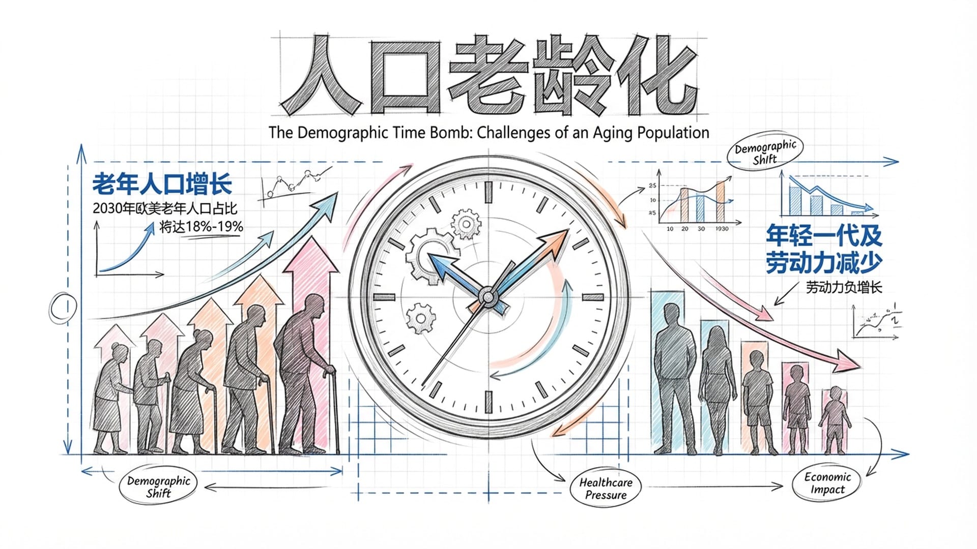 一颗跳动的人口时钟，背景是老年人剪影增加与年轻人剪影减少的视觉符号。