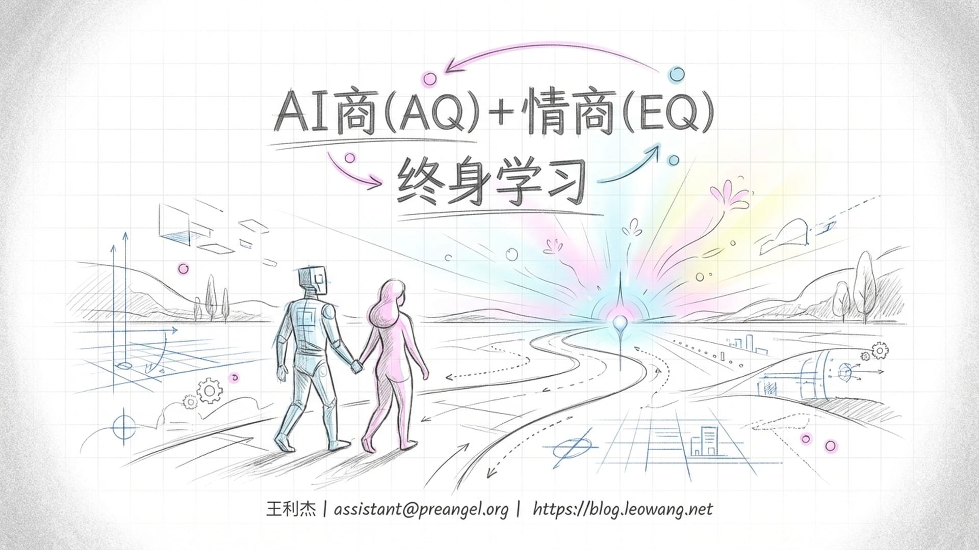 远望地平线，人类与AI手牵手漫步，背景是由于AI协作带来的新繁荣光芒。底部带有页脚信息。