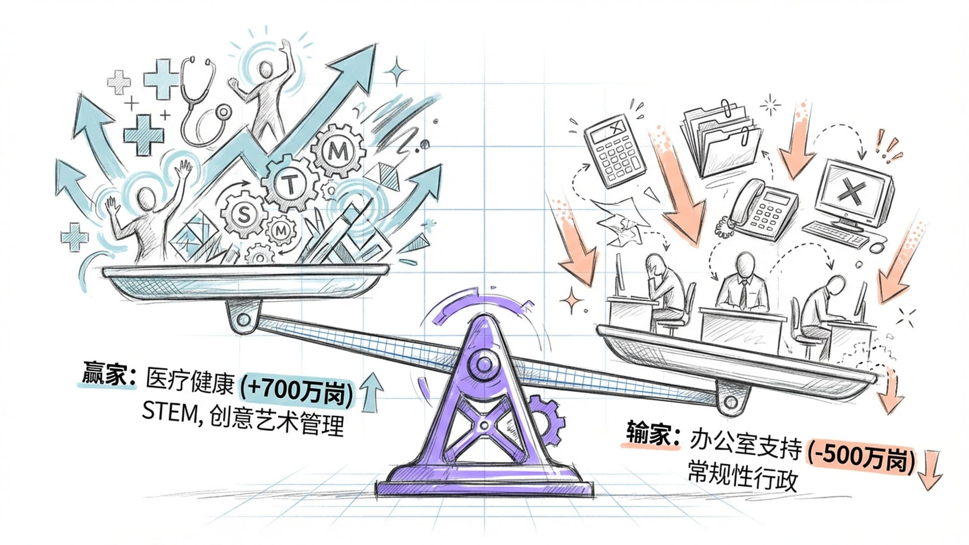赢家与输家的天平，左侧是医疗、STEM，右侧是行政、客服，视觉中心有明显对比。