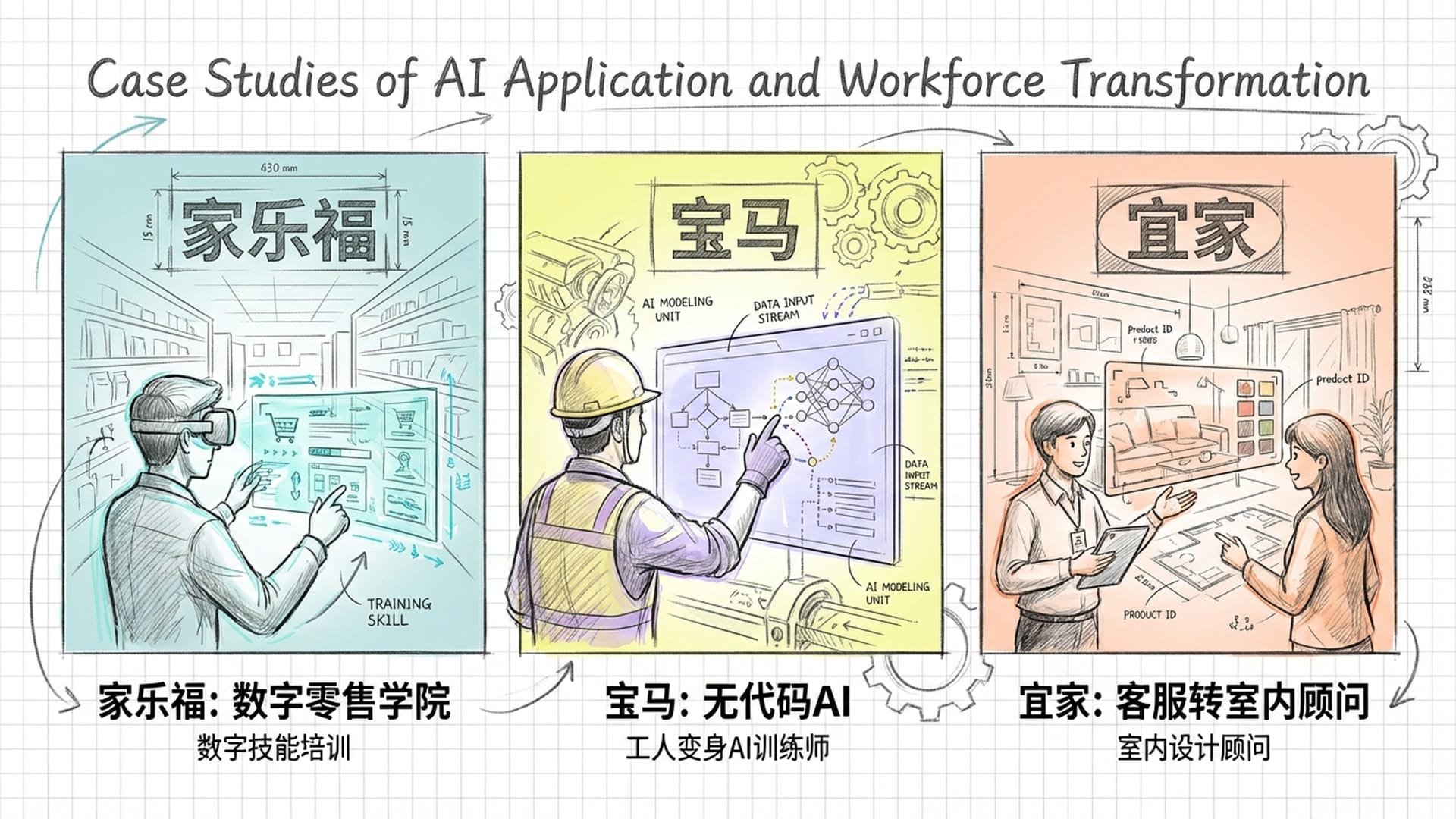 案例展示墙，家乐福数字学院、宝马无代码AI、宜家室内设计顾问。漫画分割感。