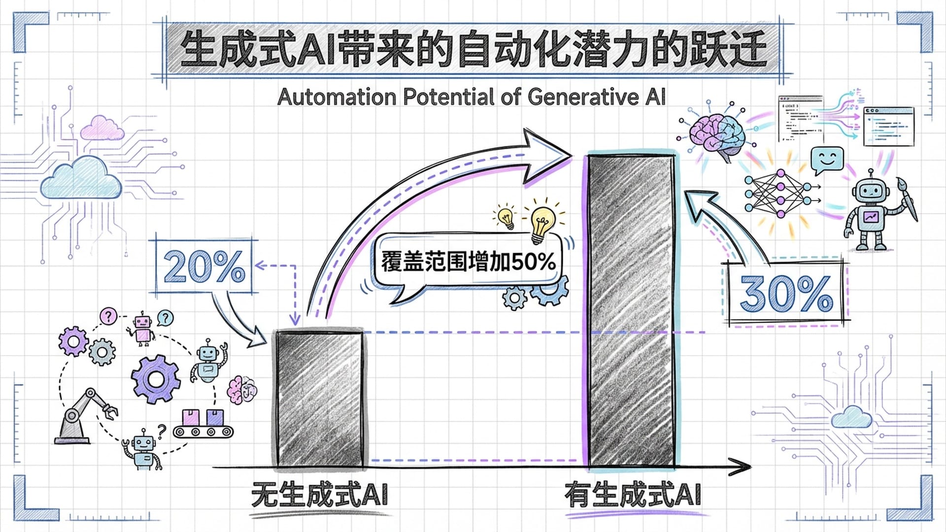 柱状图表显示不同行业的自动化潜力跃迁，强调生成式AI带来的爆发。配色使用#9f75ff和#f2b4fd。