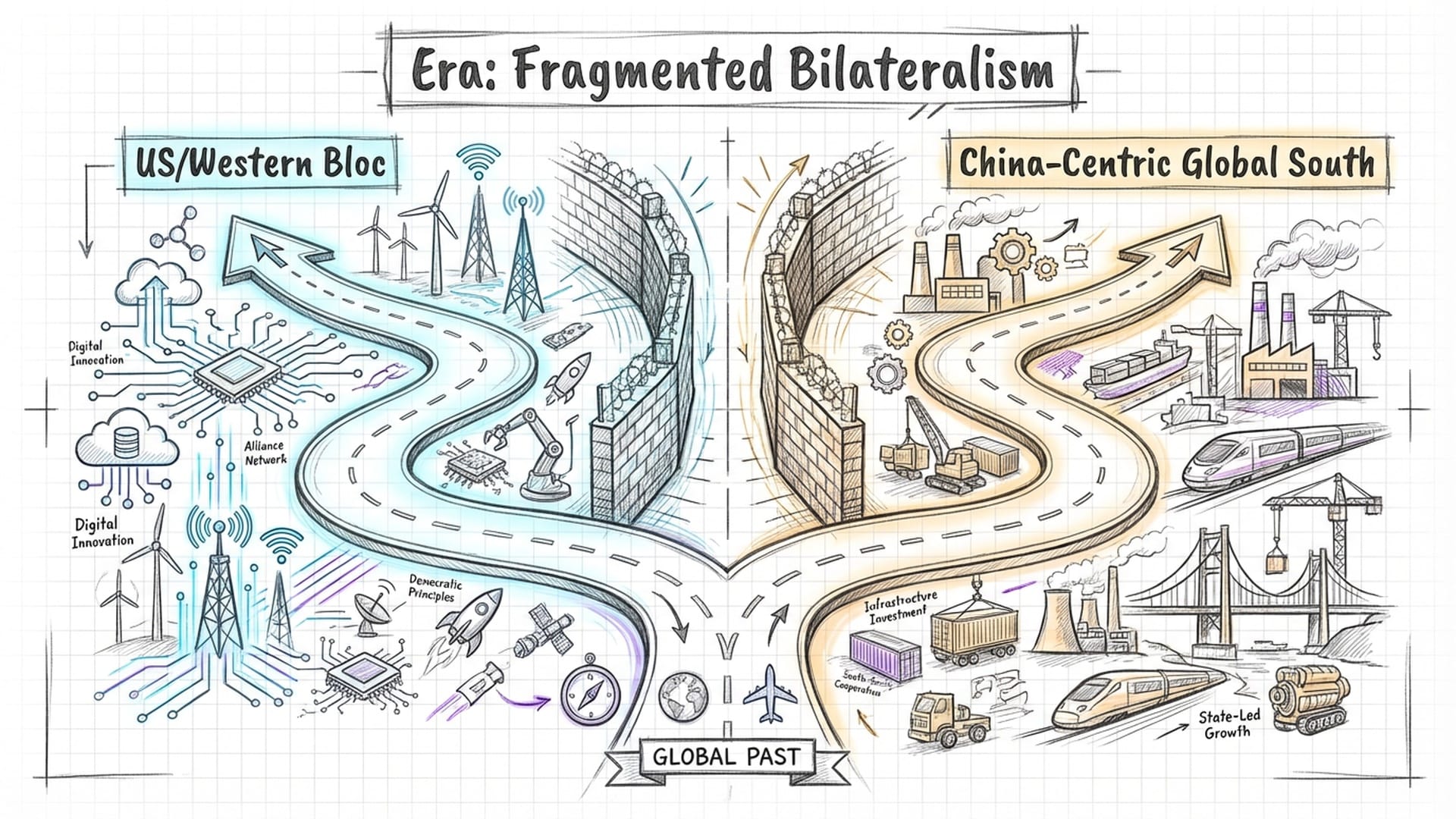 A road splitting into two distinct, walled-off paths. One path is neon-blue tech, the other is industrial gold.