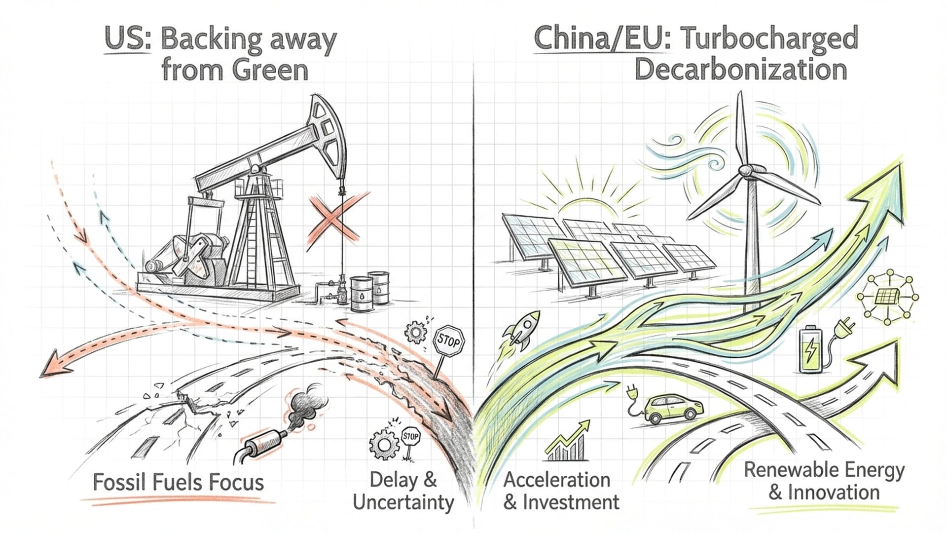 Comparison of a US oil rig vs. a Chinese solar farm and a European wind turbine. Diverging paths of light.