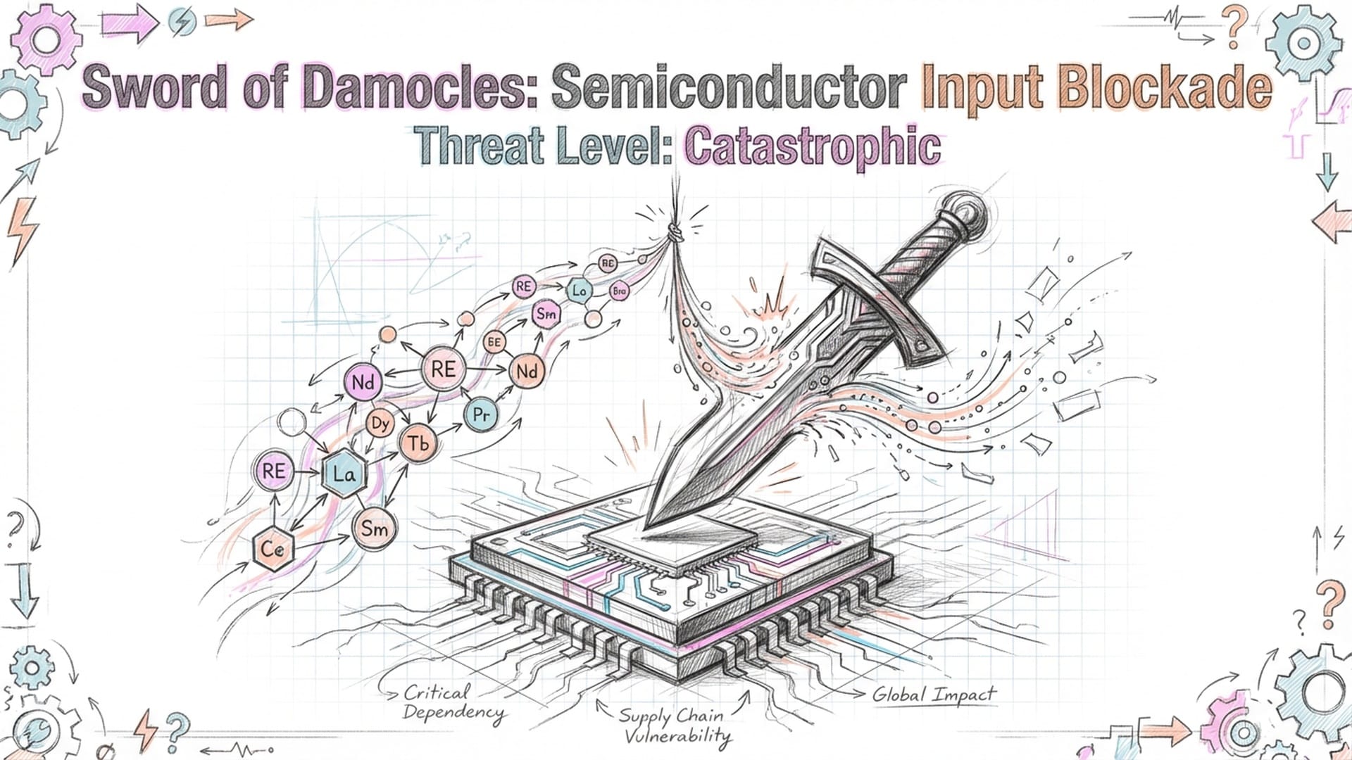 A 'Sword of Damocles' hanging by a thread over a microchip. The thread is made of rare earth elements.