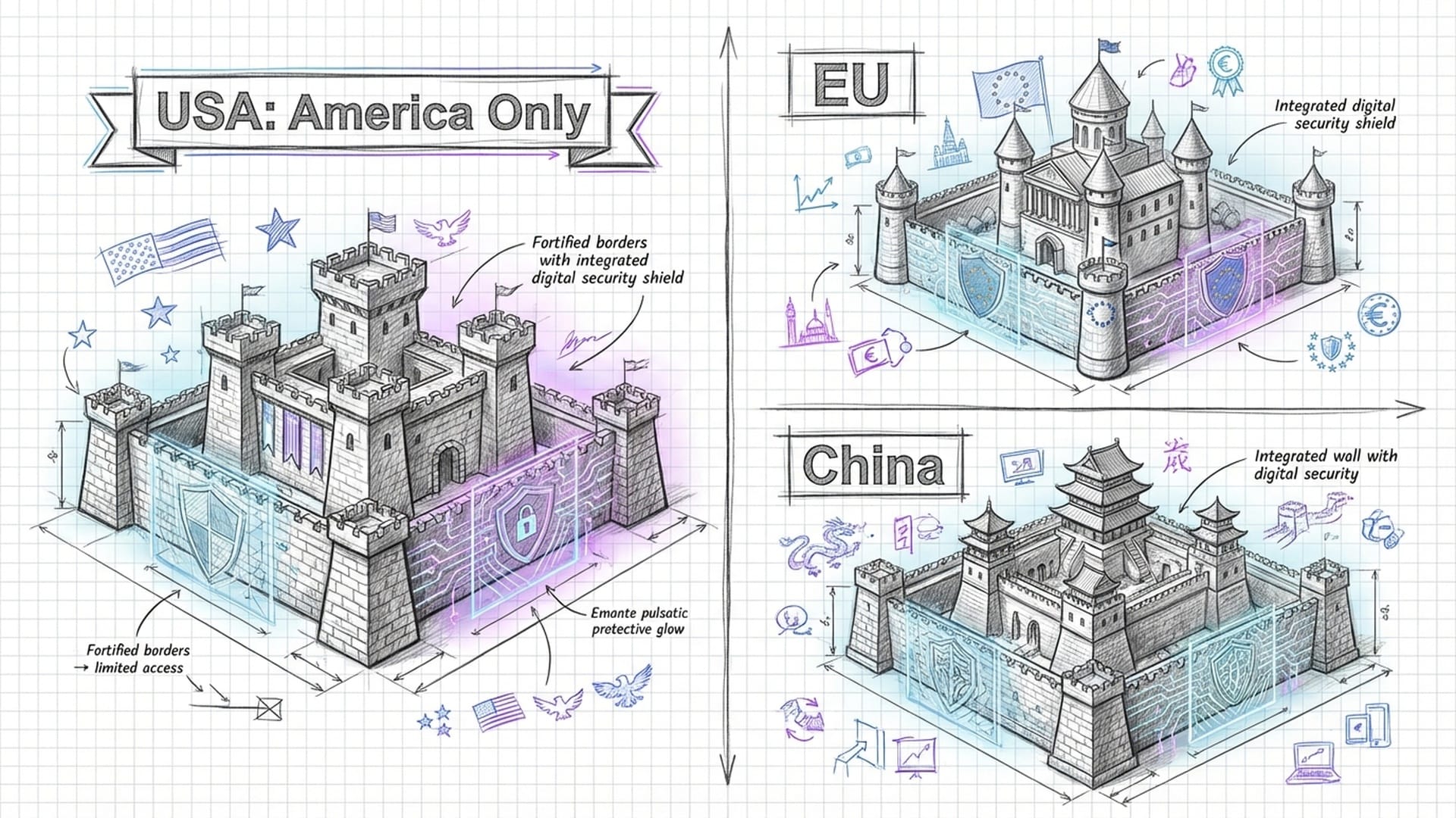Three stylized fortresses representing USA, EU, and China. High stone walls, digital security shields around them.