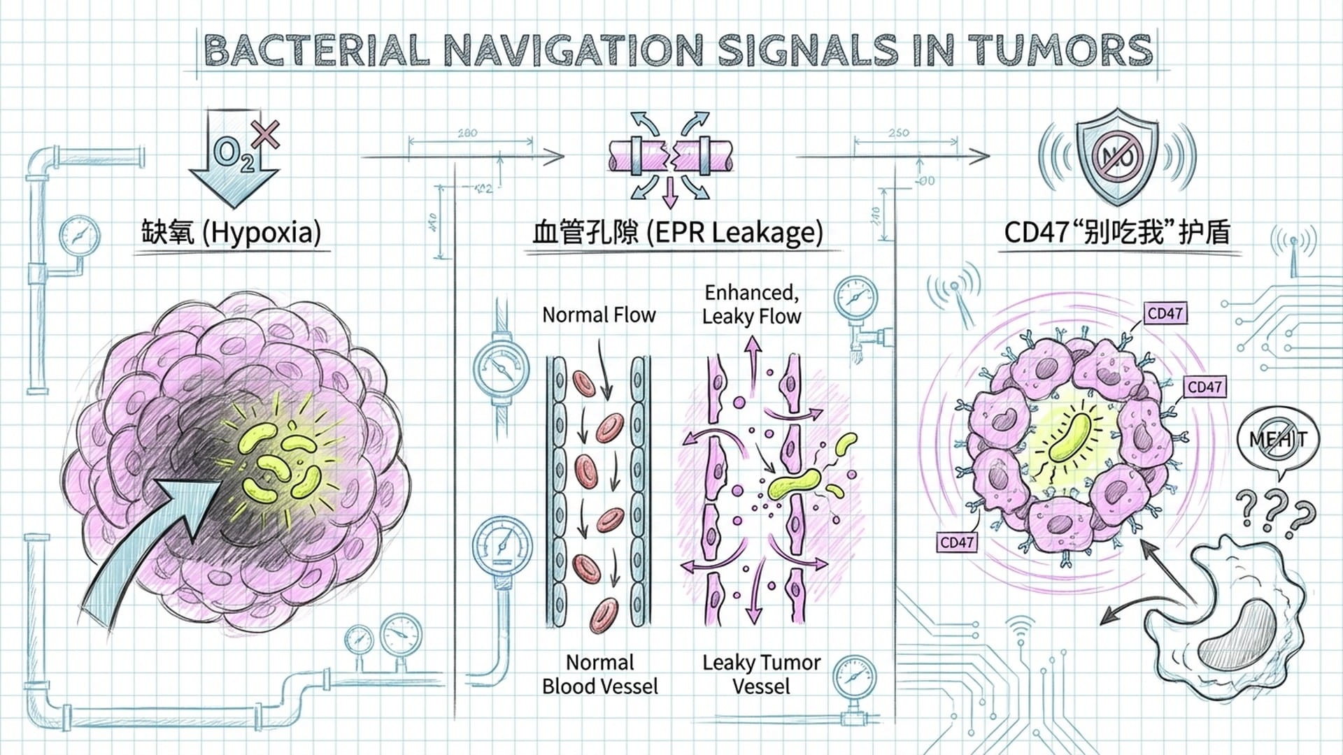 三个导航信号示意图：缺氧（Hypoxia）、血管孔隙（EPR）、CD47‘别吃我’护盾。细菌利用它们定植。