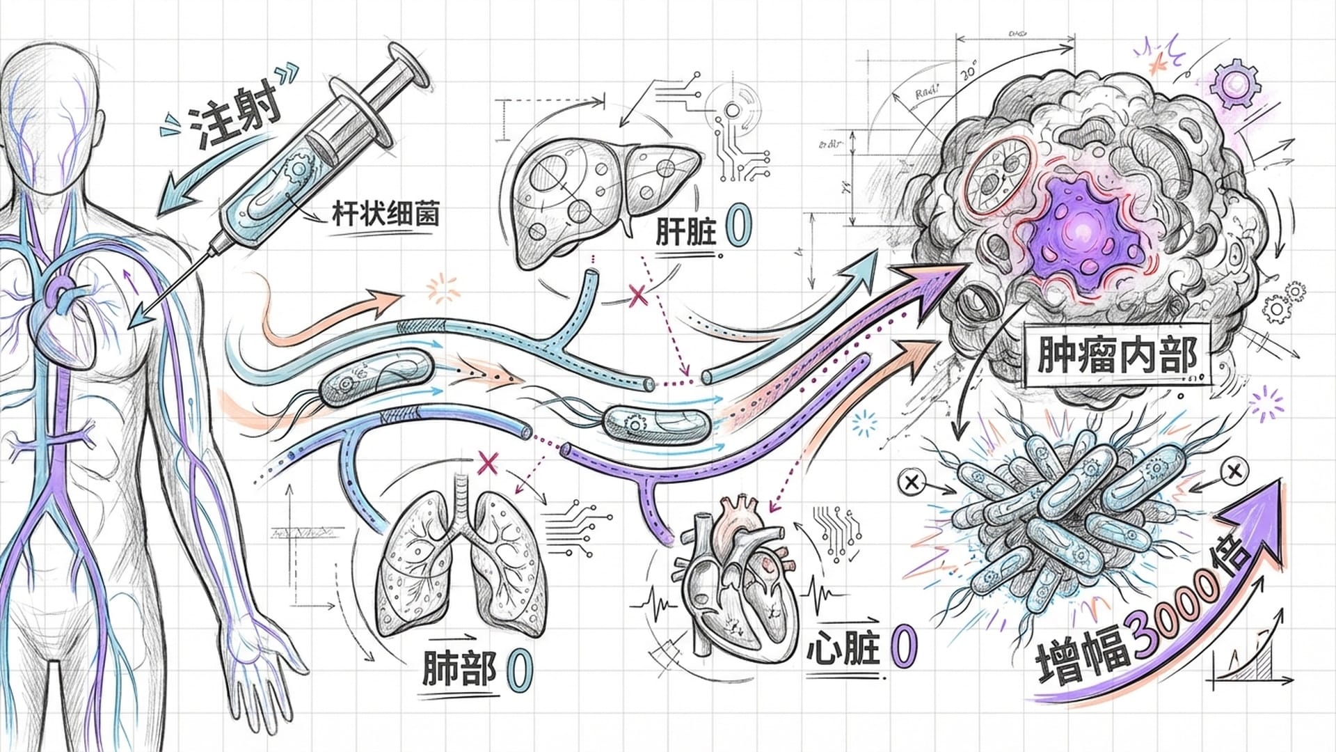 细菌导弹在人体血管中穿梭，避开正常器官，精准锁定并大量聚集在肿瘤内部。
