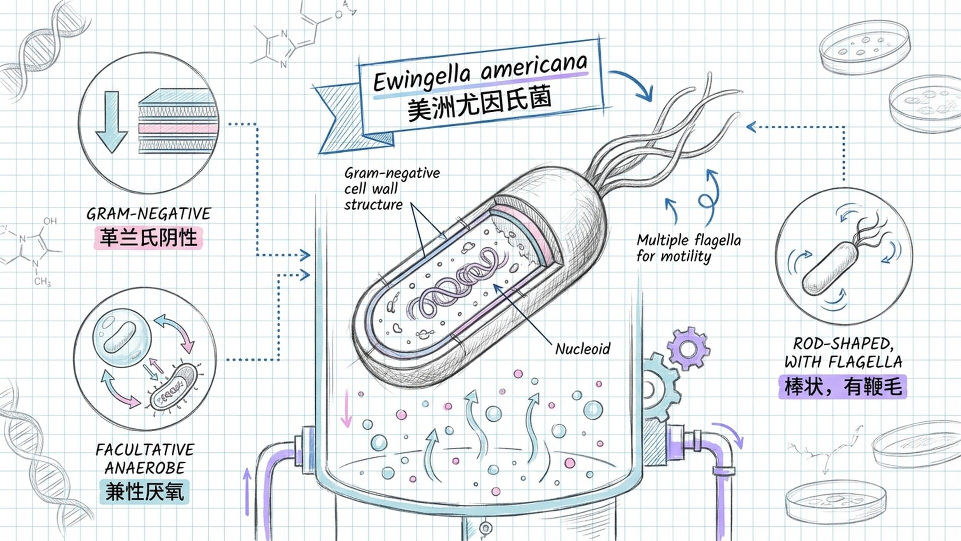 美洲尤因氏菌的特写，棍状、带有鞭毛的细菌在实验室发酵罐中生长。