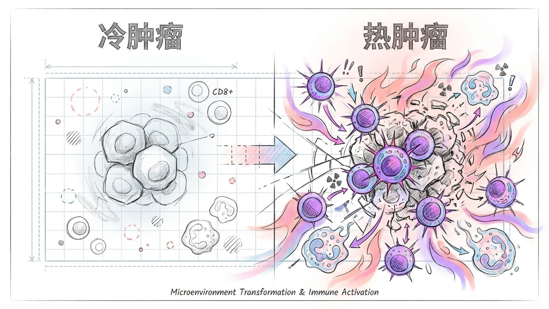 ‘冷肿瘤’变‘热肿瘤’：原本死寂的肿瘤内部现在挤满了CD8+ T细胞和中性粒细胞，火焰般的变温感。
