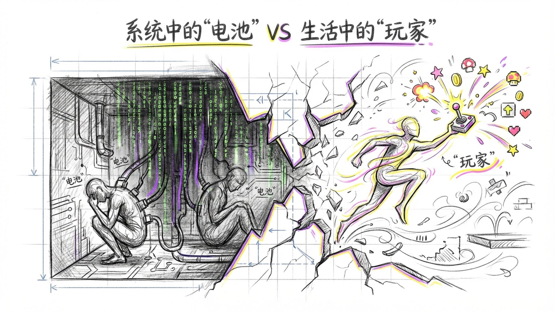 黑客帝国风格的矩阵，人类被连接在巨大的电力支架上作为‘电池’；右侧逐渐裂变，一个玩家握着发光的操纵杆跳出矩阵。