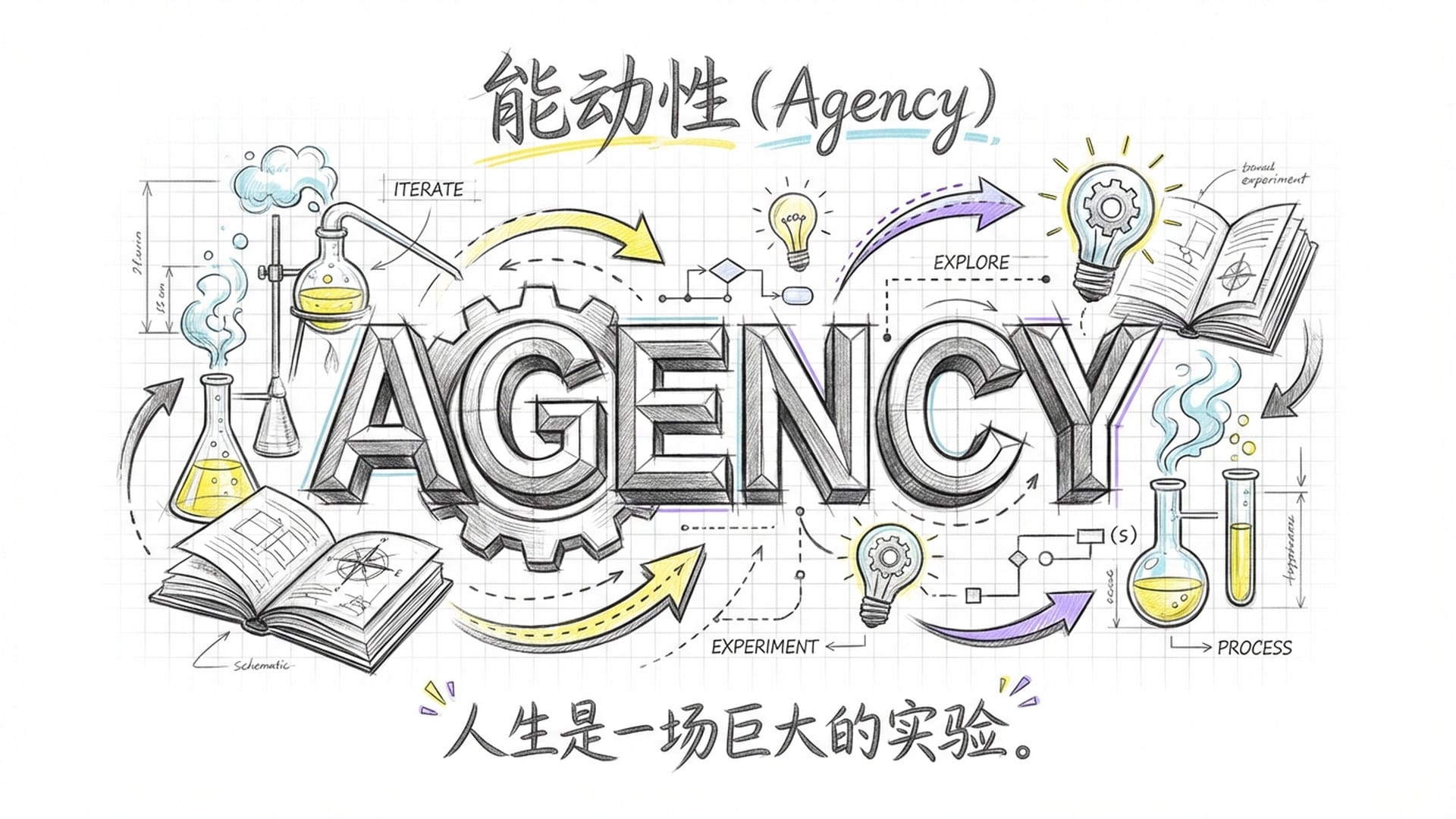 巨大的3D文字‘AGENCY’位于中心，周围环绕着实验仪器、灯泡、书籍和迭代的箭头。