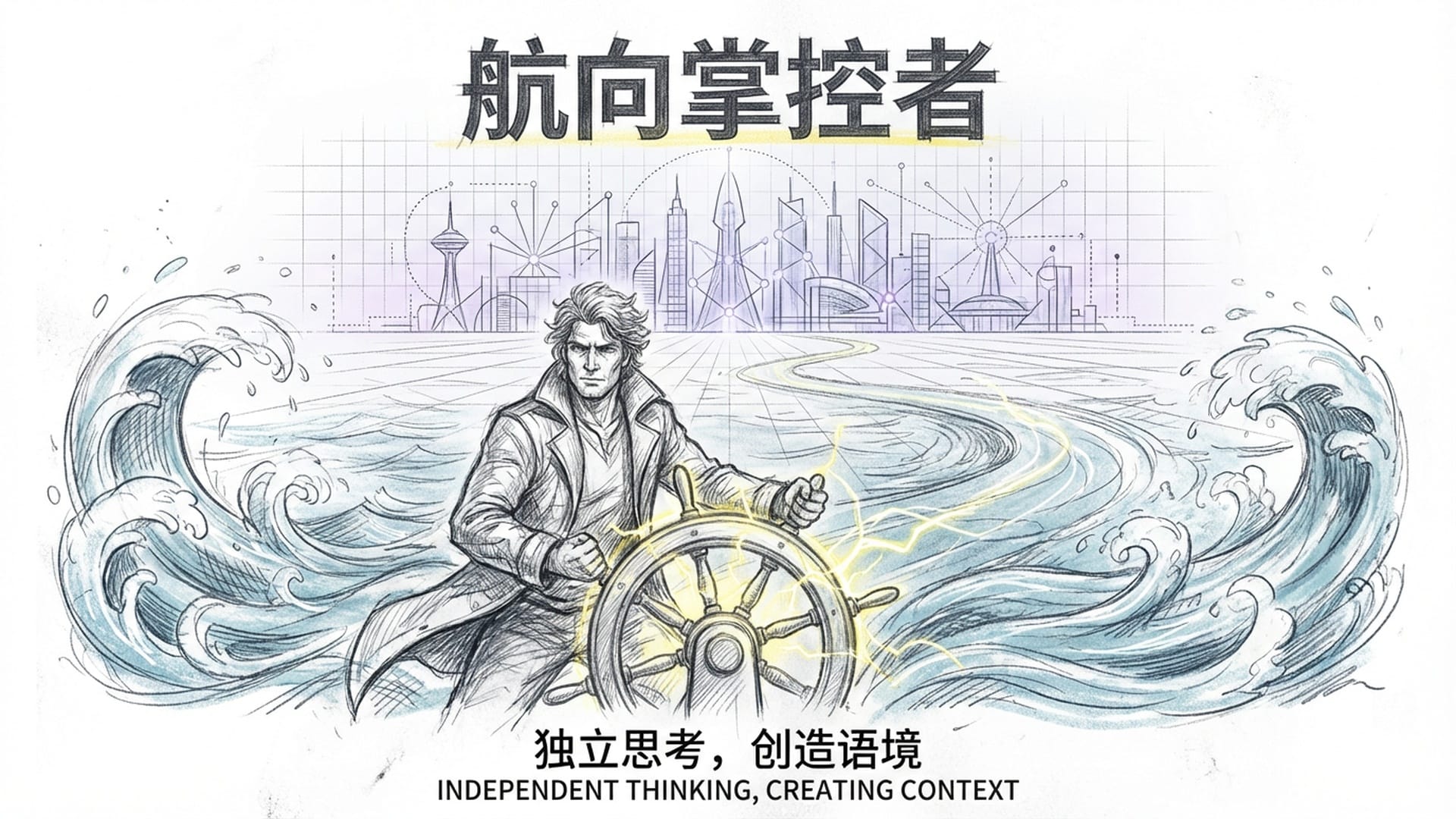 舵手在波涛汹涌的海面上驾驶木船，手中的舵轮散发微光；远方是ChatGPT/AI生成的完美但冰冷的城市幻影。