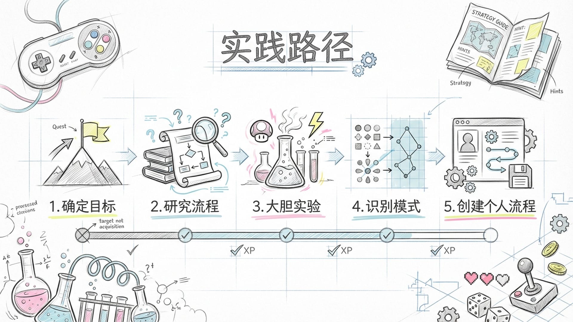 带有游戏UI风格的五个步骤流向图，背景包含控制器、攻略手册和实验试管。