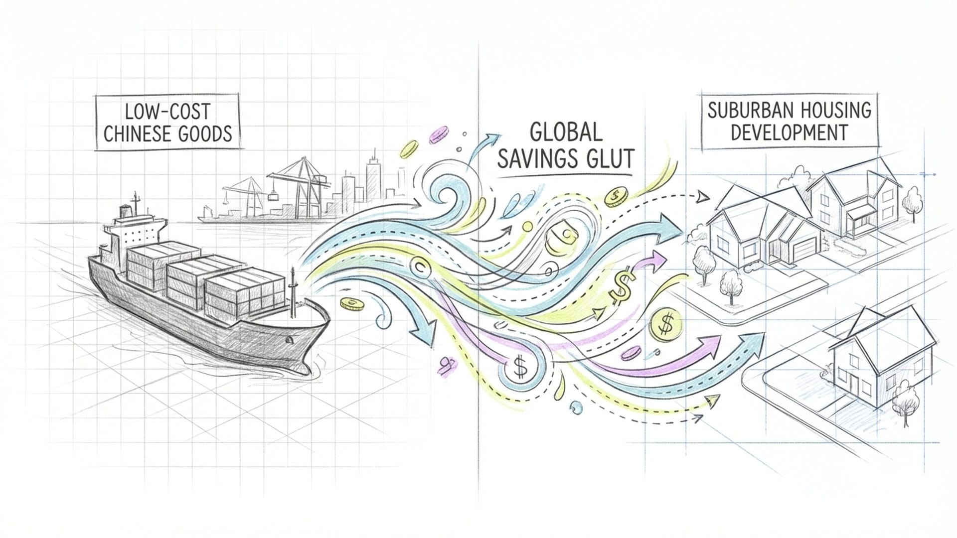 Split screen showing a container ship from China on one side and a suburban housing development on the other