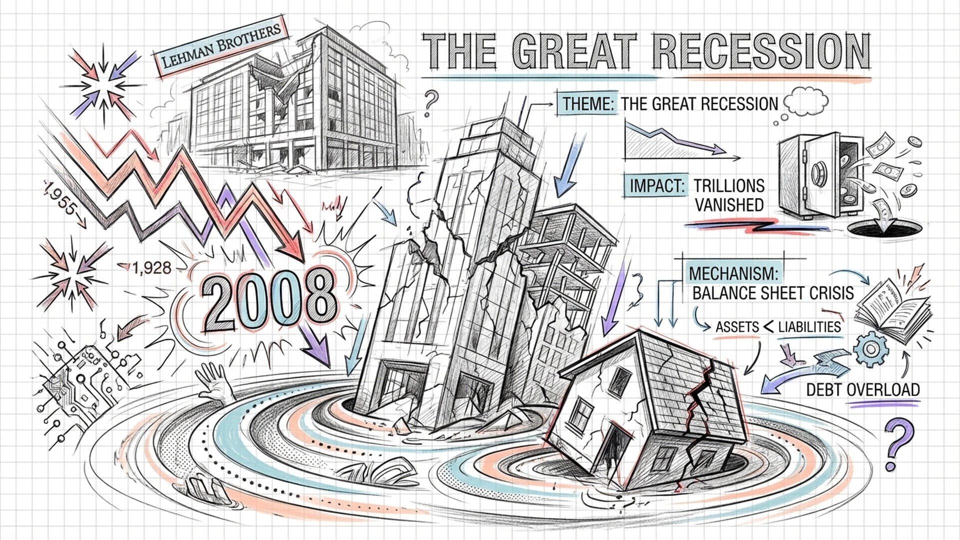 Dramatic collage of the 2008 Lehman Brothers collapse, red stock market tickers, and a house sinking into quicksand