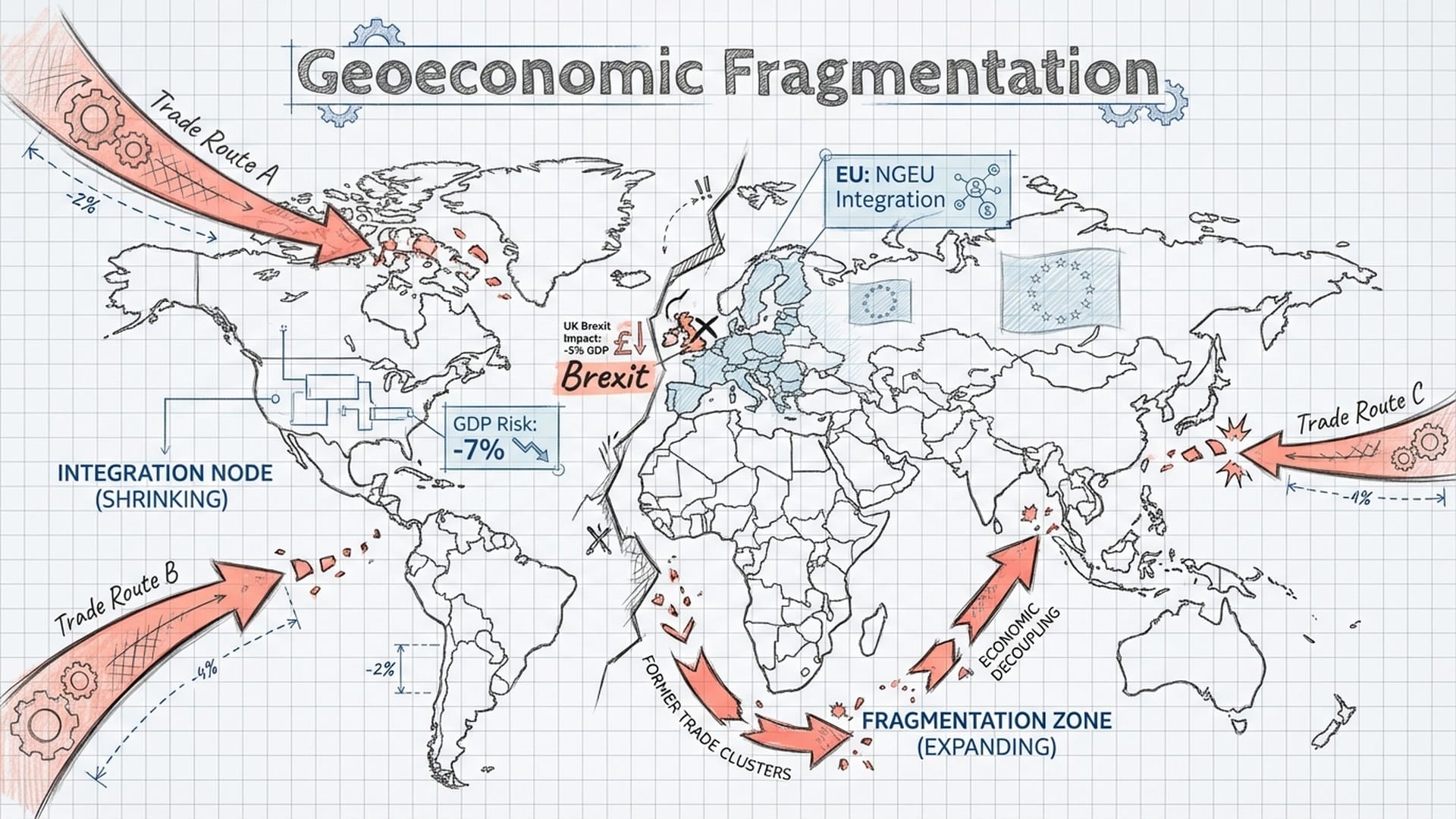 A world map showing a split between integration (EU flags) and fragmentation (Brexit signs)