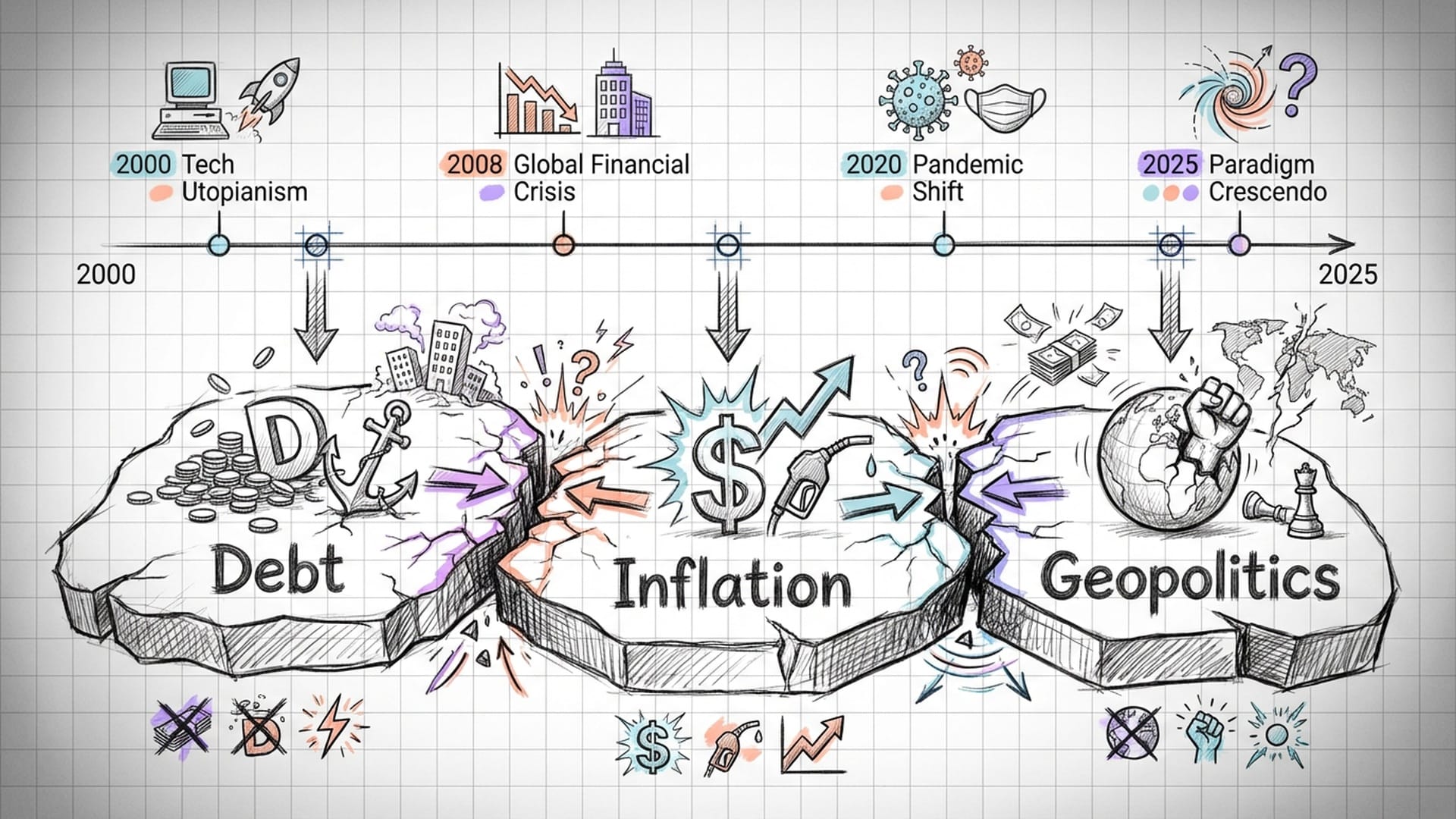 Graphic representation of tectonic plates labeled 'Debt', 'Inflation', and 'Geopolitics' colliding