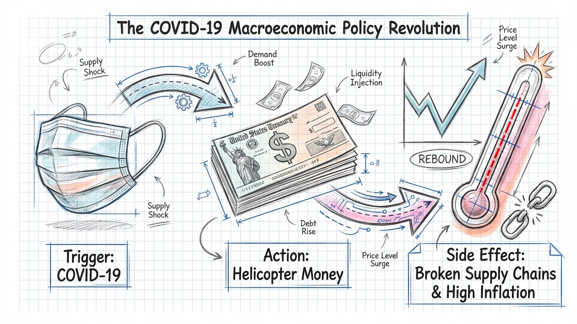 A medical mask and a stack of stimulus checks against a V-shaped graph
