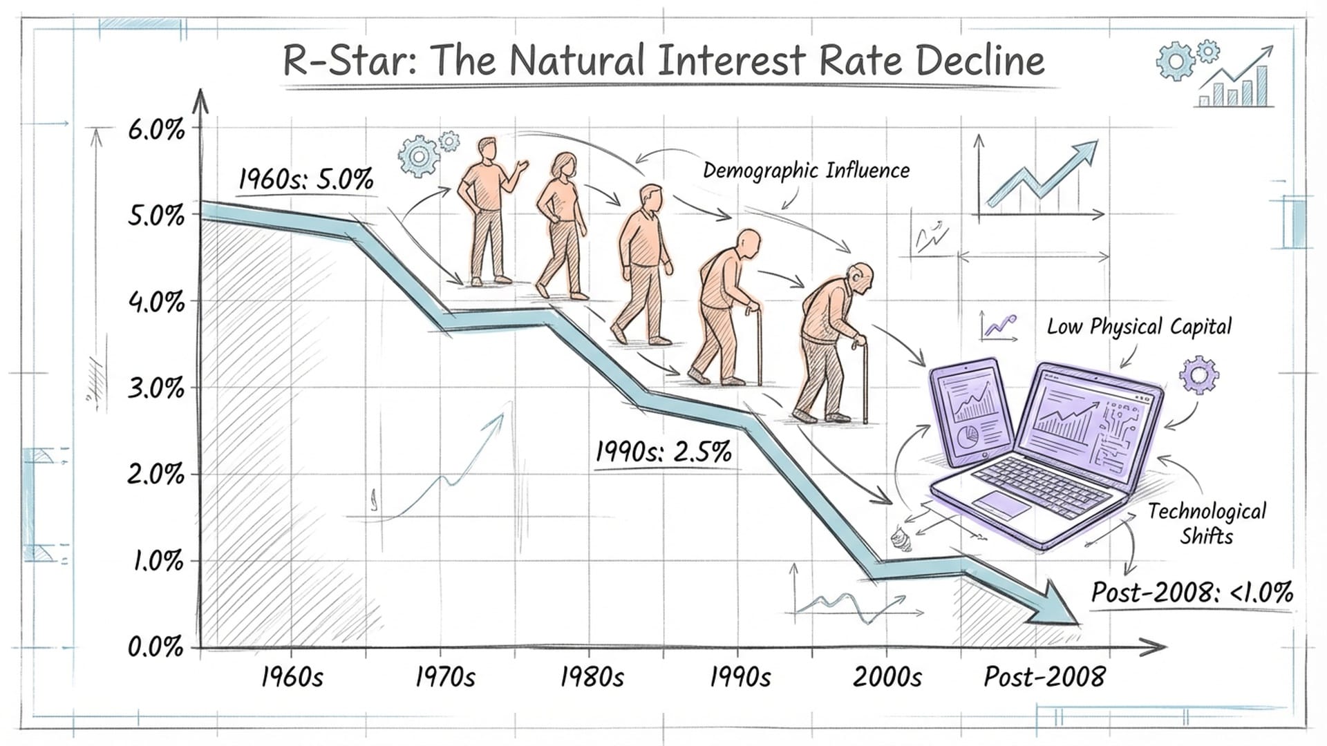 Line chart showing R-star plunging from 5% to near zero. Background symbols of baby boomers (aging) and a digital laptop (low physical capital)