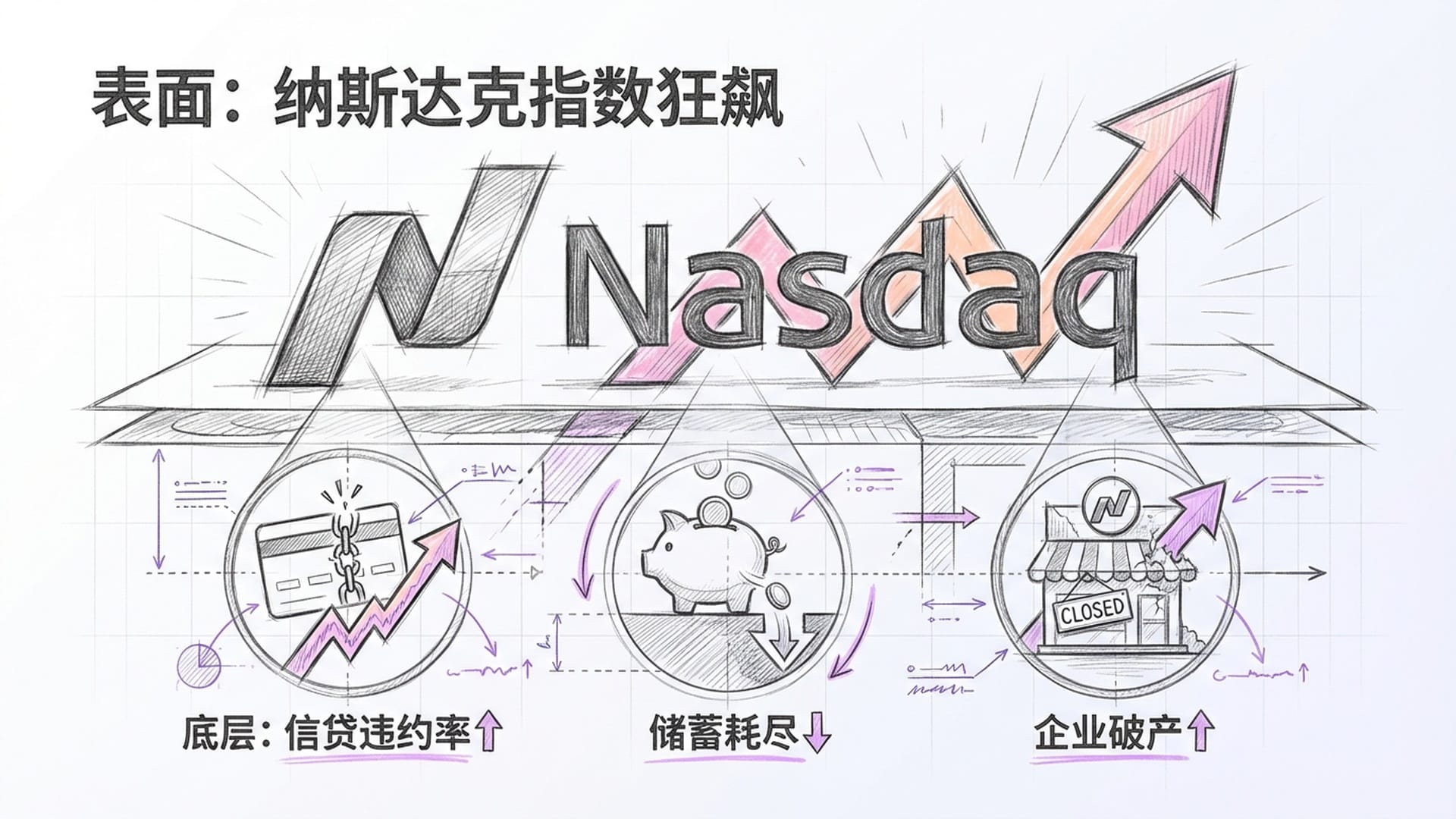 显微镜视角下的经济数据。巨大的科技巨头标志下，隐藏着细小的信用违约、存款耗尽、企业破产的警告图标。