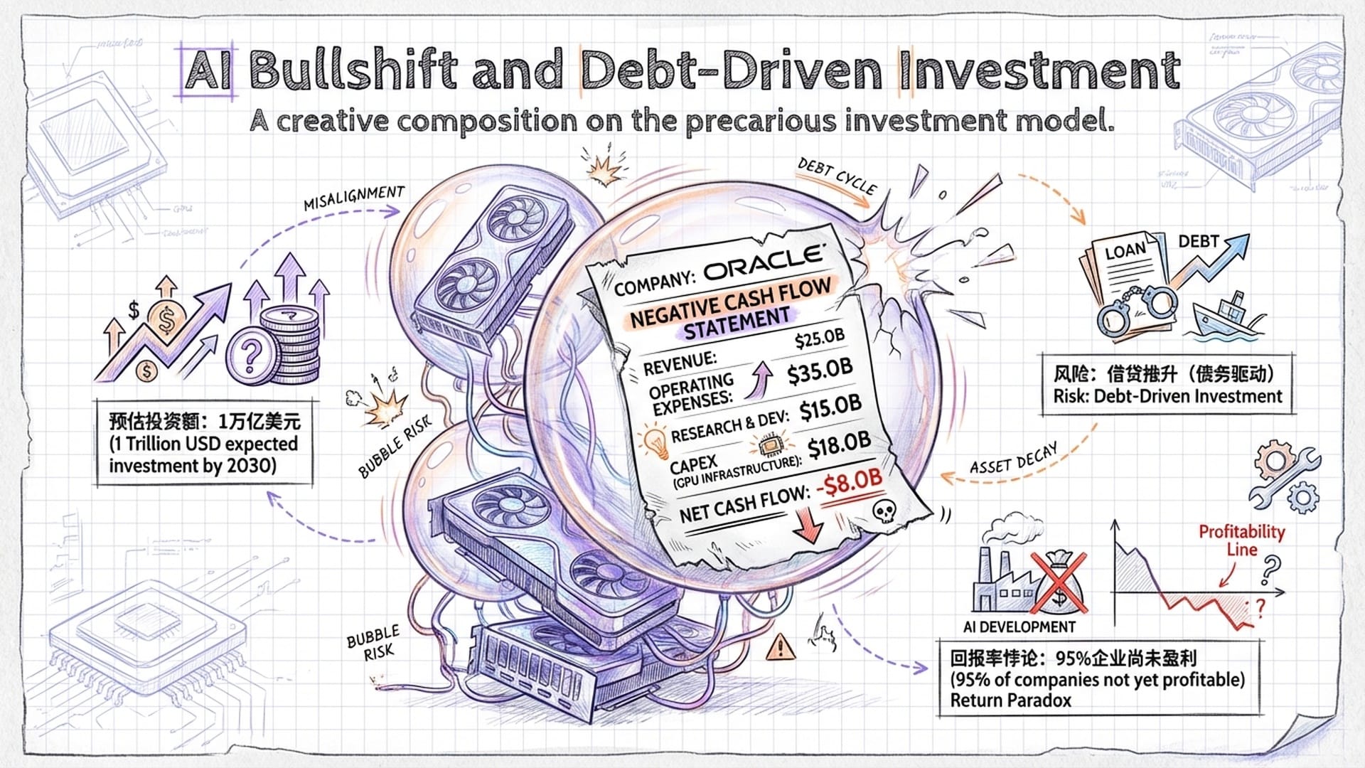 显卡(GPU)堆砌成的泡沫。泡沫中心是甲骨文等公司的负现金流账单。债务和资产寿命的错配图示。