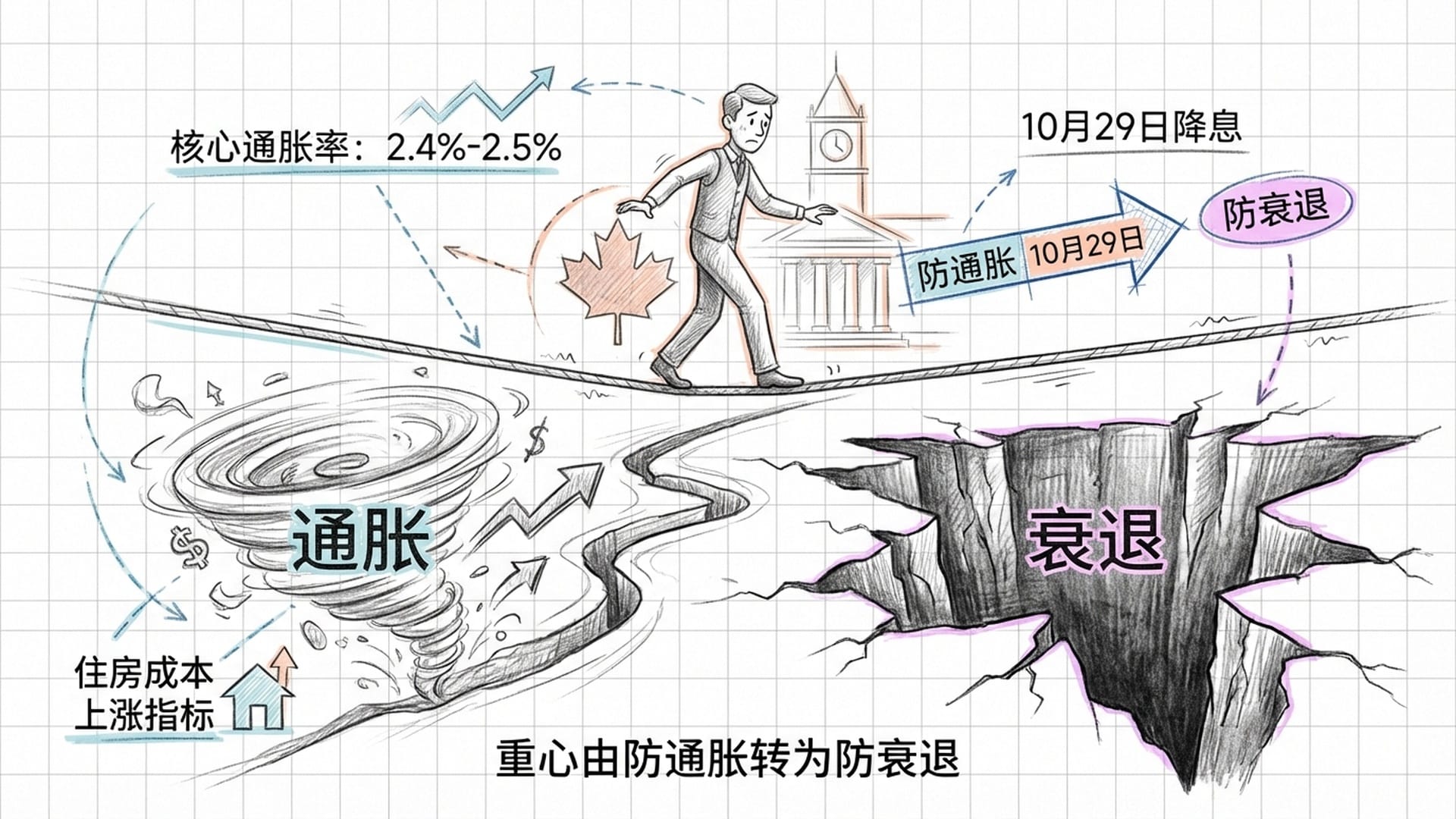 加拿大央行标志（枫叶与银行大楼）。一只手在钢丝上行走，下方是通胀与衰退的深渊。