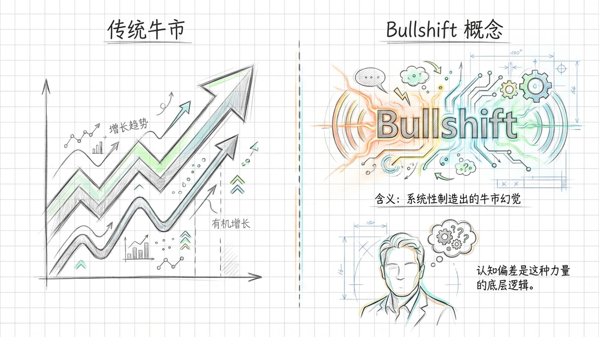 并列对比的牛市图案。左边是传统的向上箭头，右边是带有“Bullshift”字样的发光图形。加拿大专家约翰·德·戈伊的肖像插画（极简抽象风格）。