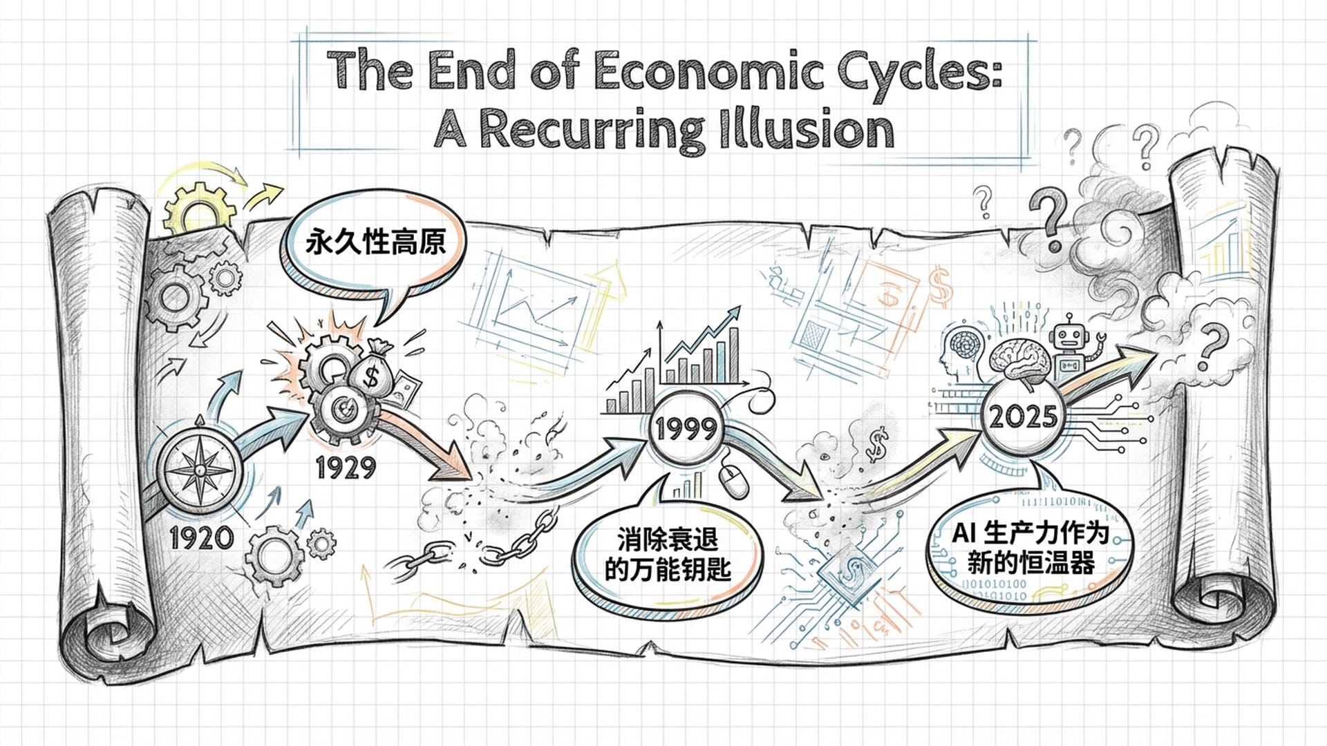 从1920年代到2025年的历史卷轴。每个节点都有“经济周期结束”的口号标签，但在节点后都紧跟着一个缺口。