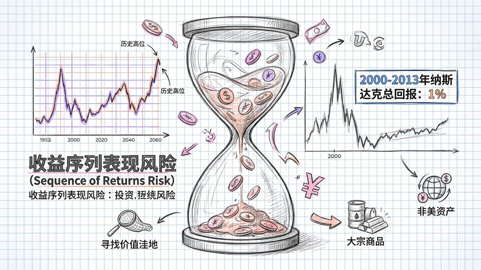 退休老人的沙漏，沙漏里的金币正在快速流失。标普500席勒市盈率(CAPE)的历史高点图表。