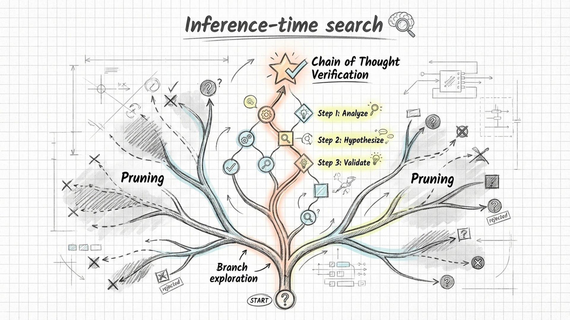 Branching decision tree with pruned paths and glowing correct branch