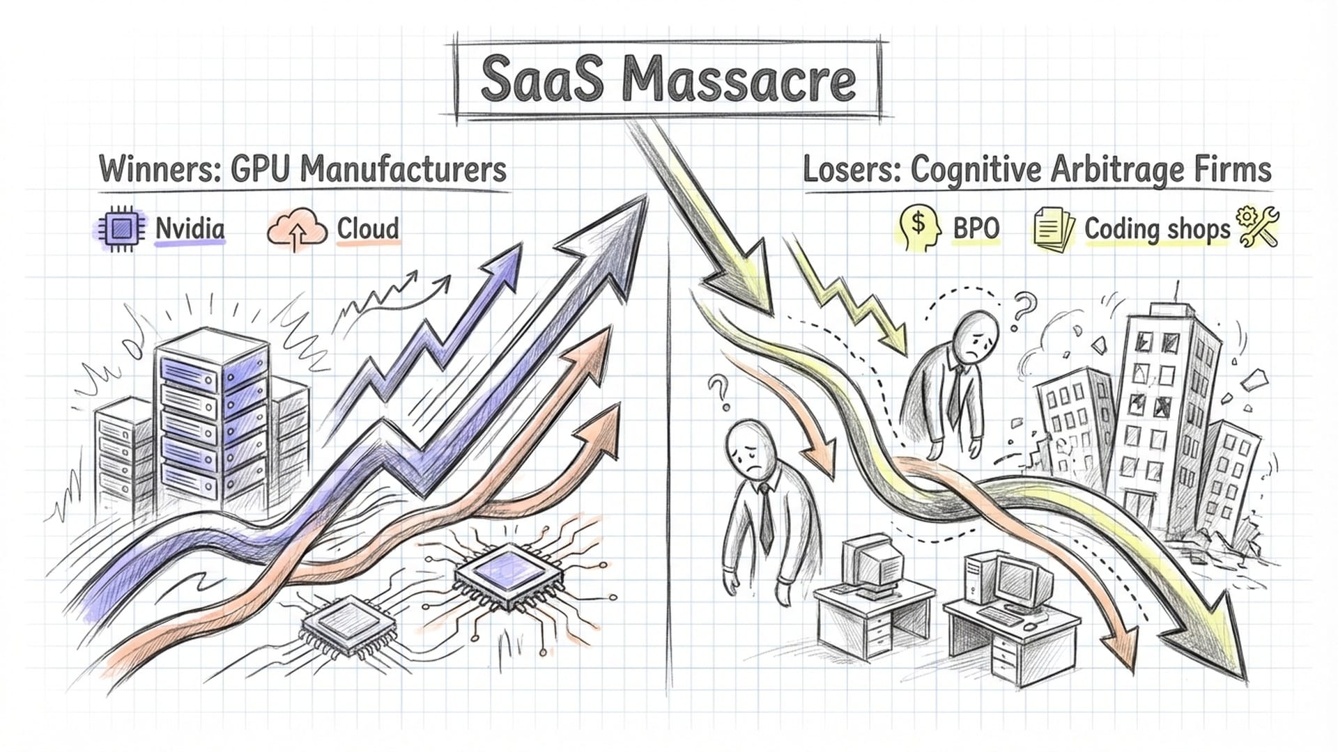 Infographic showing rise of GPU manufacturers and decline of cognitive arbitrage firms