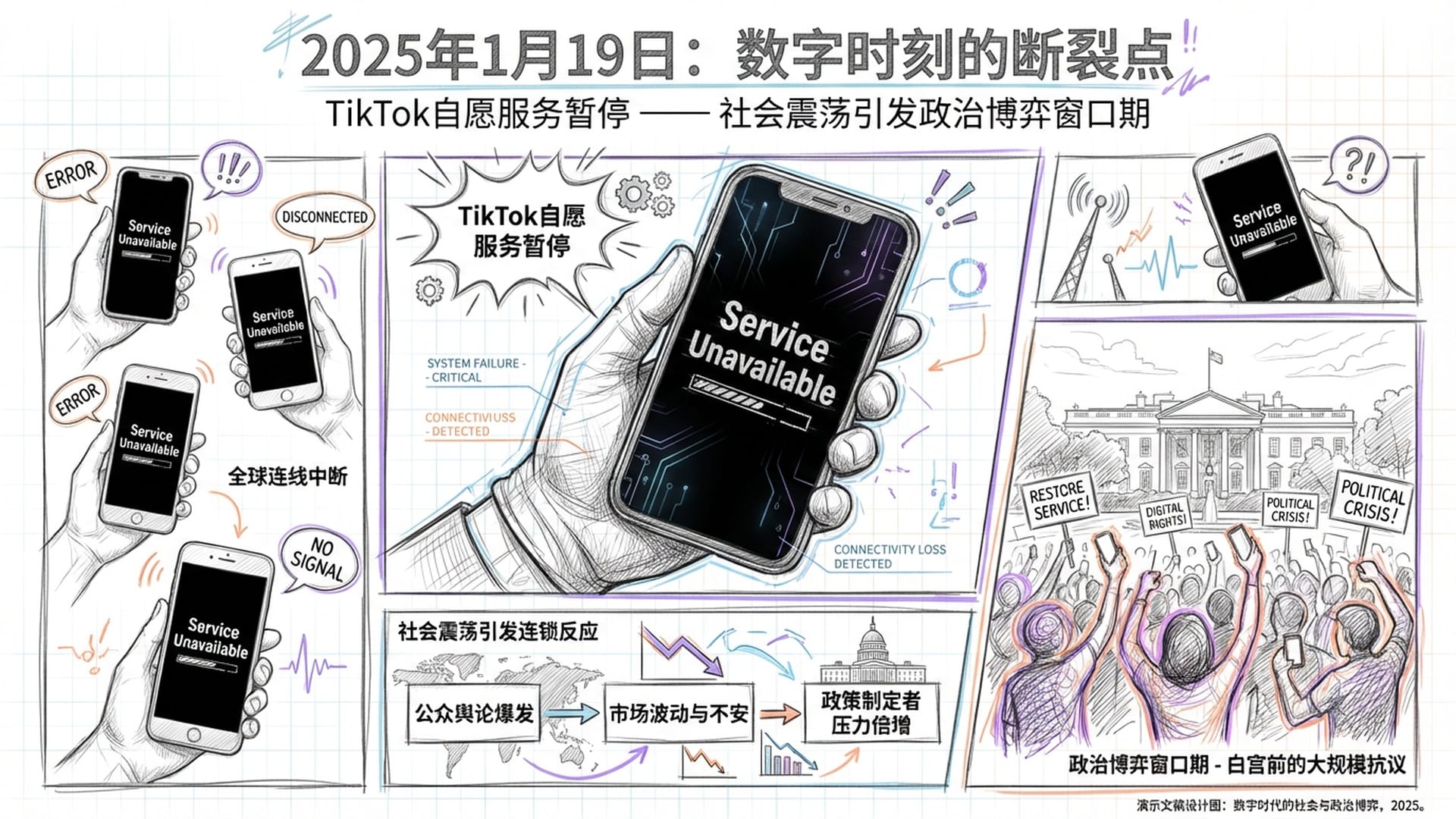 全美国手机屏幕同时显示“Service Unavailable”的黑屏画面，华盛顿白宫前的示威人潮。