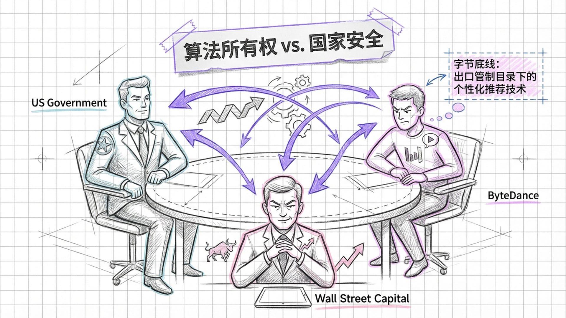 三方对峙的圆桌，一边是字节跳动，一边是美国政府，另一边是华尔街资本，紧张的商务谈判氛围。