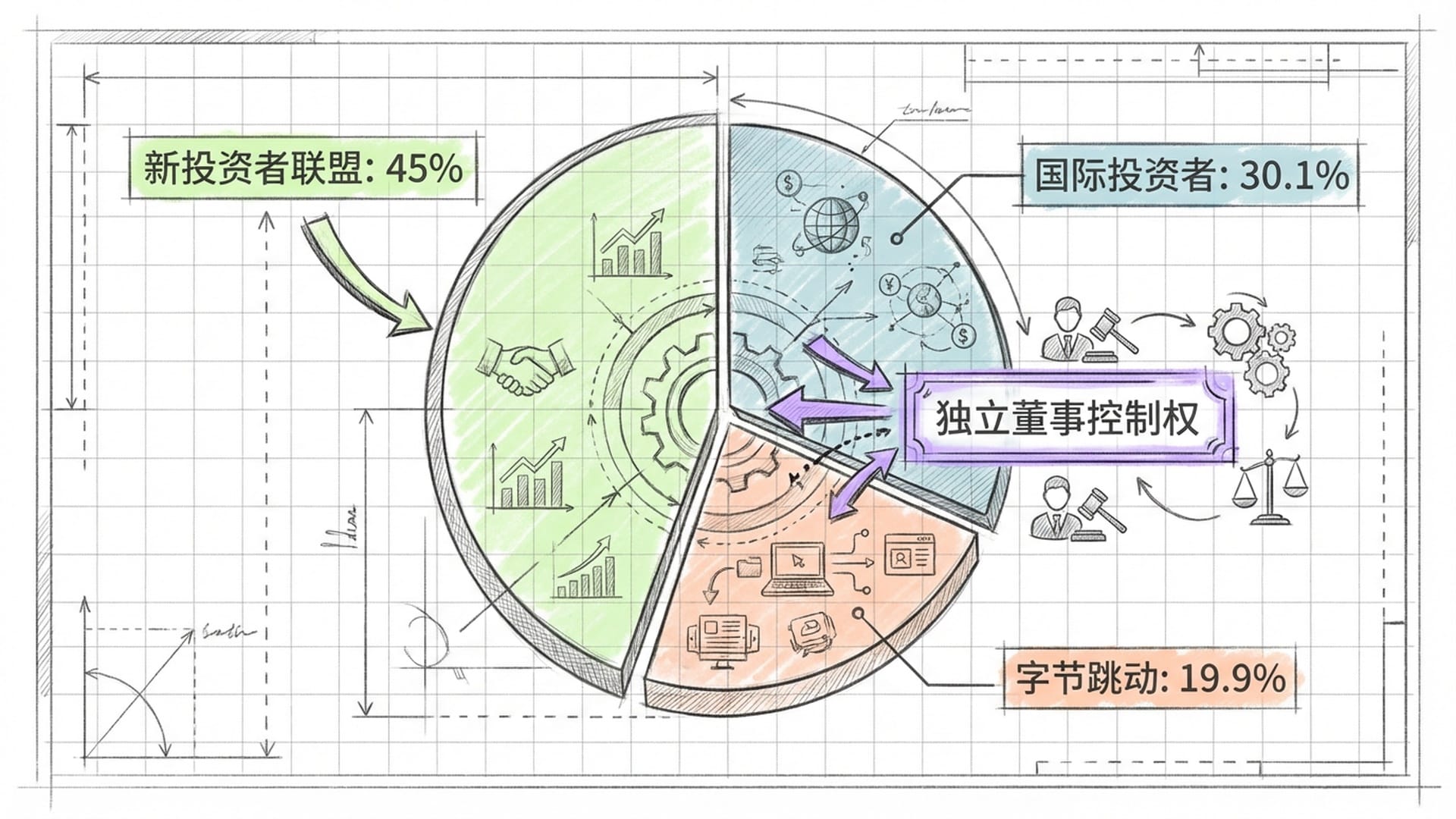 一个复杂的股权结构图饼状图，颜色根据要求使用指定配色，显示精确到小数点后的比例。