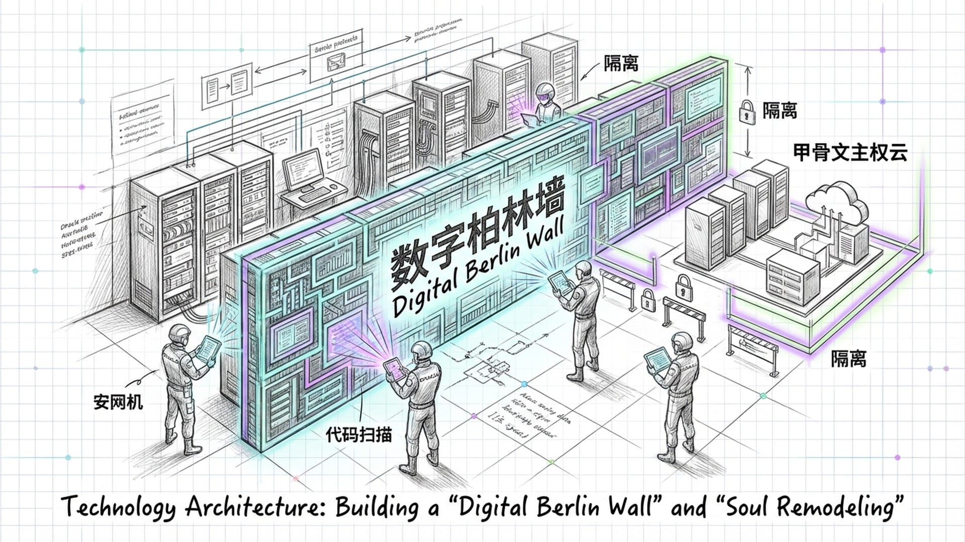 服务器机房中矗立的一堵发光的“数字柏林墙”，甲骨文安全团队在进行代码扫描。