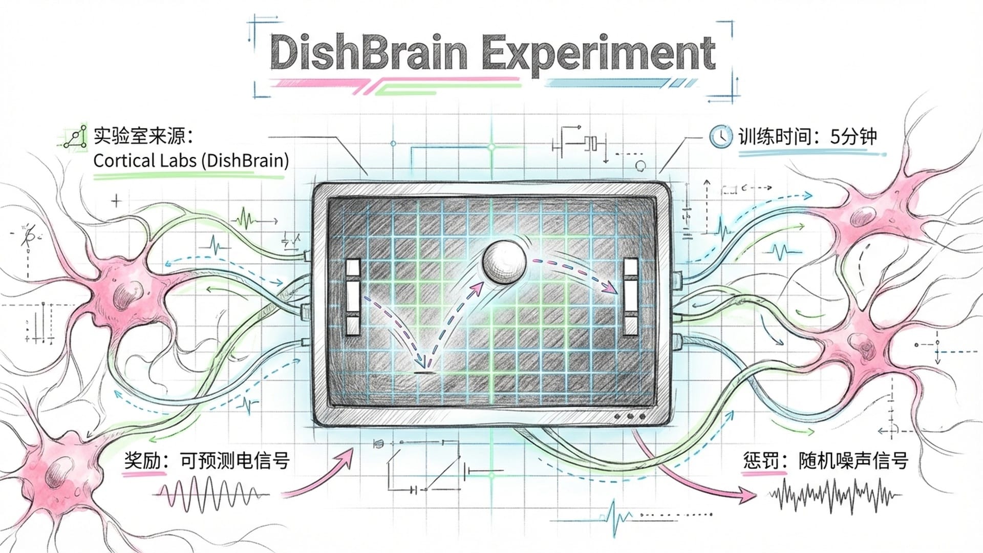 复古8位色网格背景，中间是一个模拟Pong游戏的黑白屏幕。屏幕周围环绕着粉色的神经元细胞。