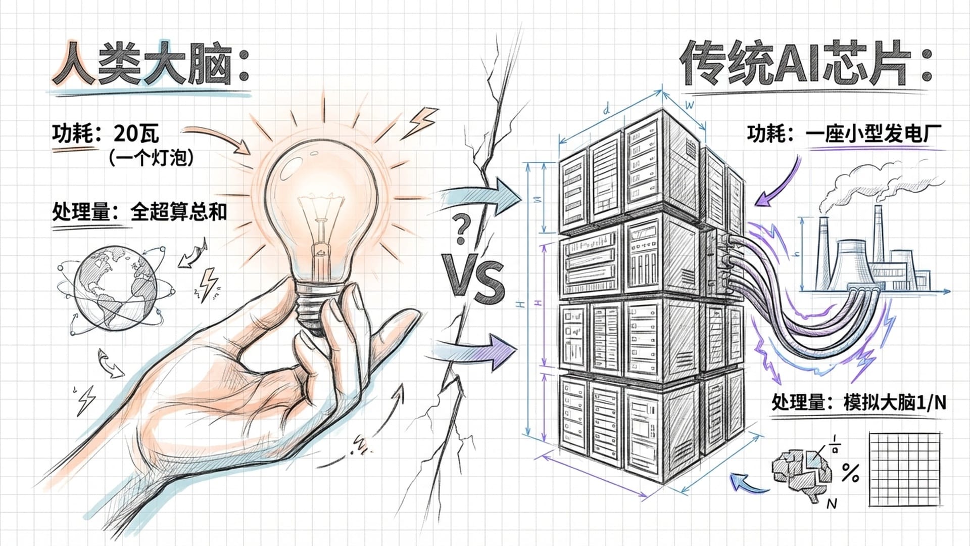 一个温暖的灯泡与一个庞大的、发热的超级计算机集群进行对比。灯泡被手捧着，散发柔和的光。