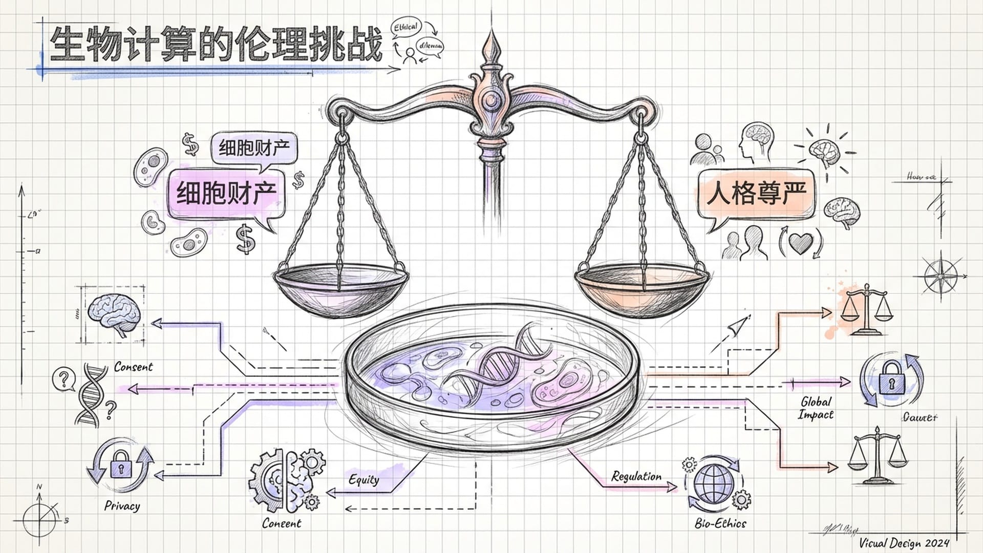 一个透明的培养皿悬浮在虚空中，正上方是一把巨大的法律天平，一端是‘细胞财产’，一端是‘人格尊严’。