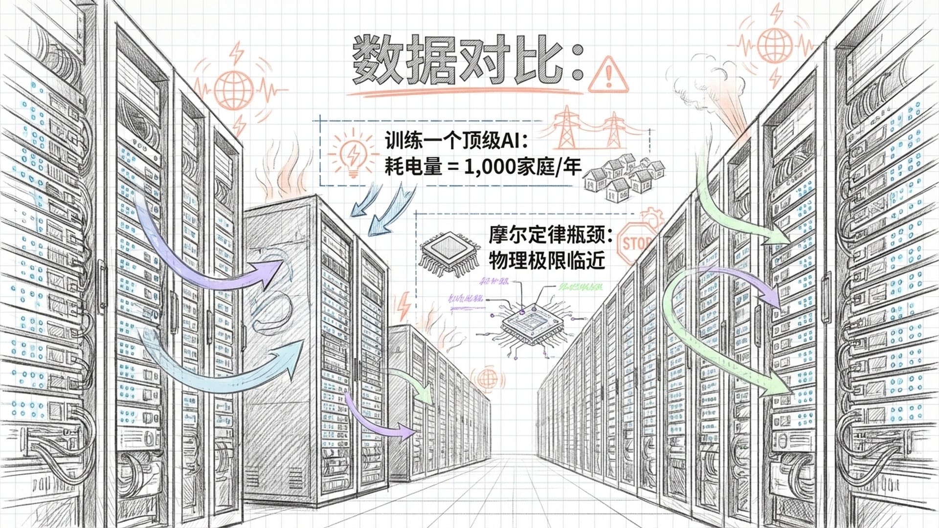巨大的数据中心，数以千计的蓝色LED灯闪烁，密集的散热风扇。叠加全球能源消耗的警示图标。