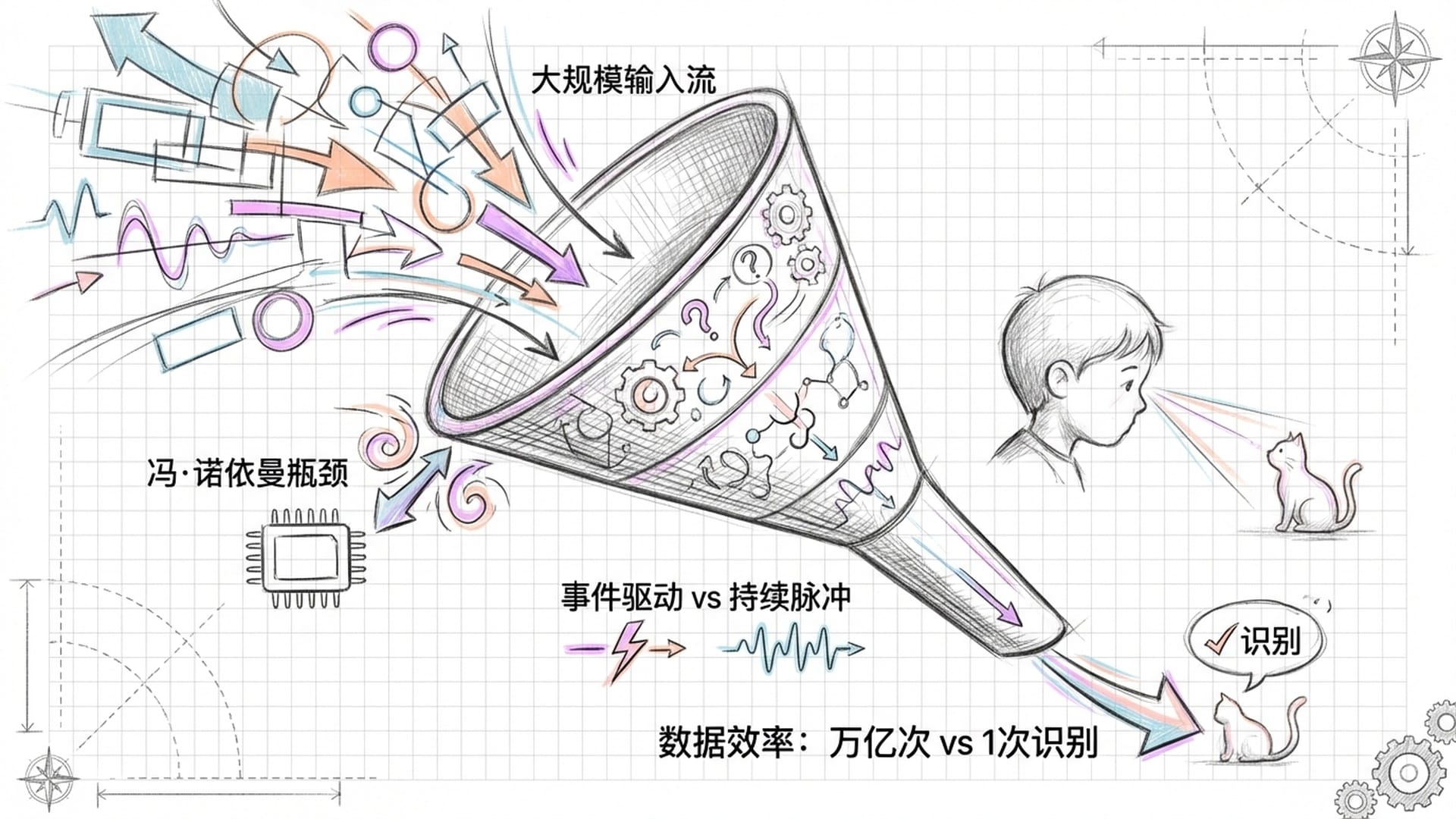 一个巨大的漏斗，上端是海量的数据和电力流，下端是人类孩子看到猫的瞬间。色彩鲜艳，对比度高。