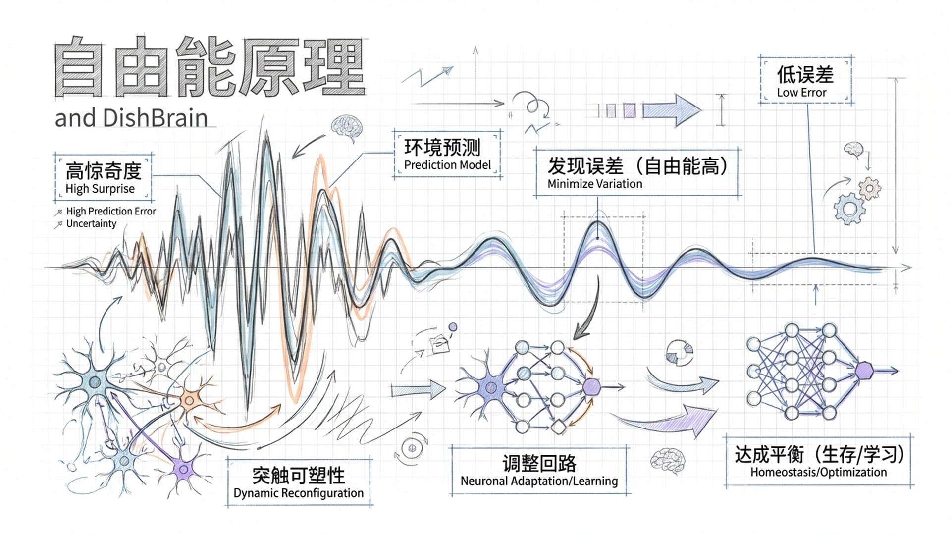 抽象的波形图，展示从混乱（高惊奇度）到有序（低误差）的过程。神经元突触在连接、断开、再重组。