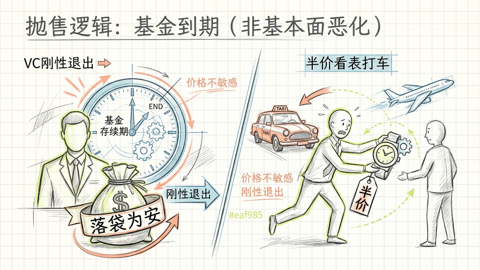 VC风险投资人的剪影，背后是时钟，表盘上显示“基金存续期”，落袋为安的钱袋子，象征刚性退出需求。