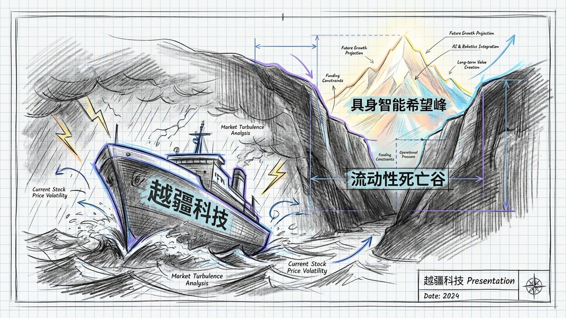 波涛汹涌的海面，一艘标注为“越疆科技”的船正在穿越黑暗的峡谷。另一端是发光的山峰。