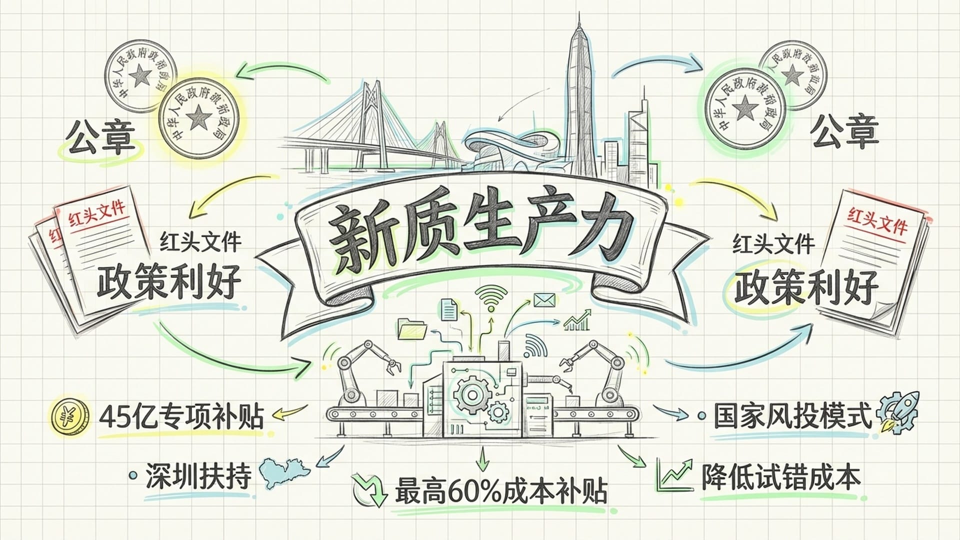 “新质生产力”大标语，政府公章与红头文件，深圳湾地标，数字化的工厂。