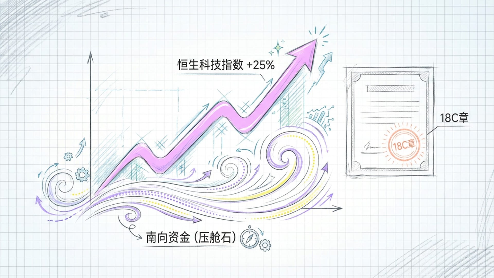 港股恒生科技指数上升曲线，南向资金注入的潮流感。18C章注册证书。