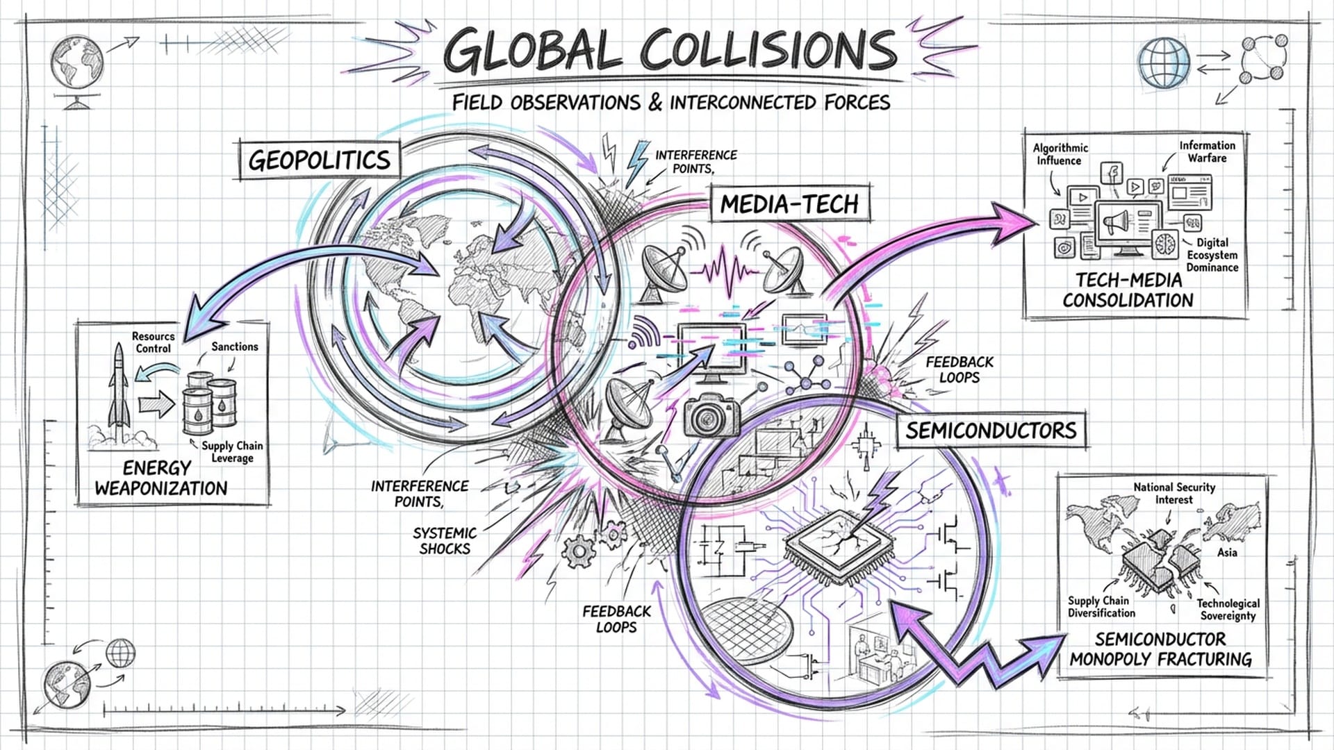 High-impact infographic showing three large overlapping circles representing Geopolitics, Media-Tech, and Semiconductors. Dramatic lighting.